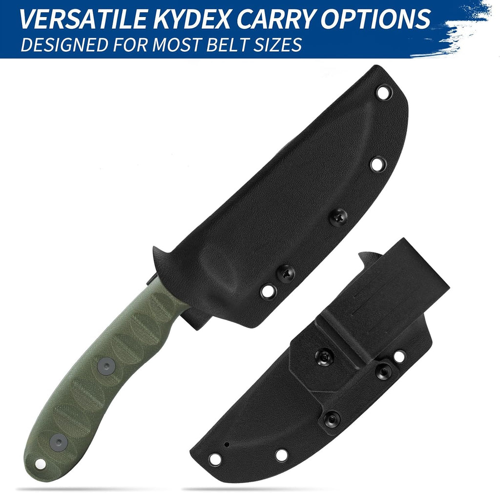 FINTISO Nazar Fixed Blade Knife with Kydex Sheath, 4.24' 14C28N Blade Olive G10 Handles, Titanium-coated, Full Tang Design, Lanyard, for Men Outdoor Activities, Camping, Hiking, EDC Carry.