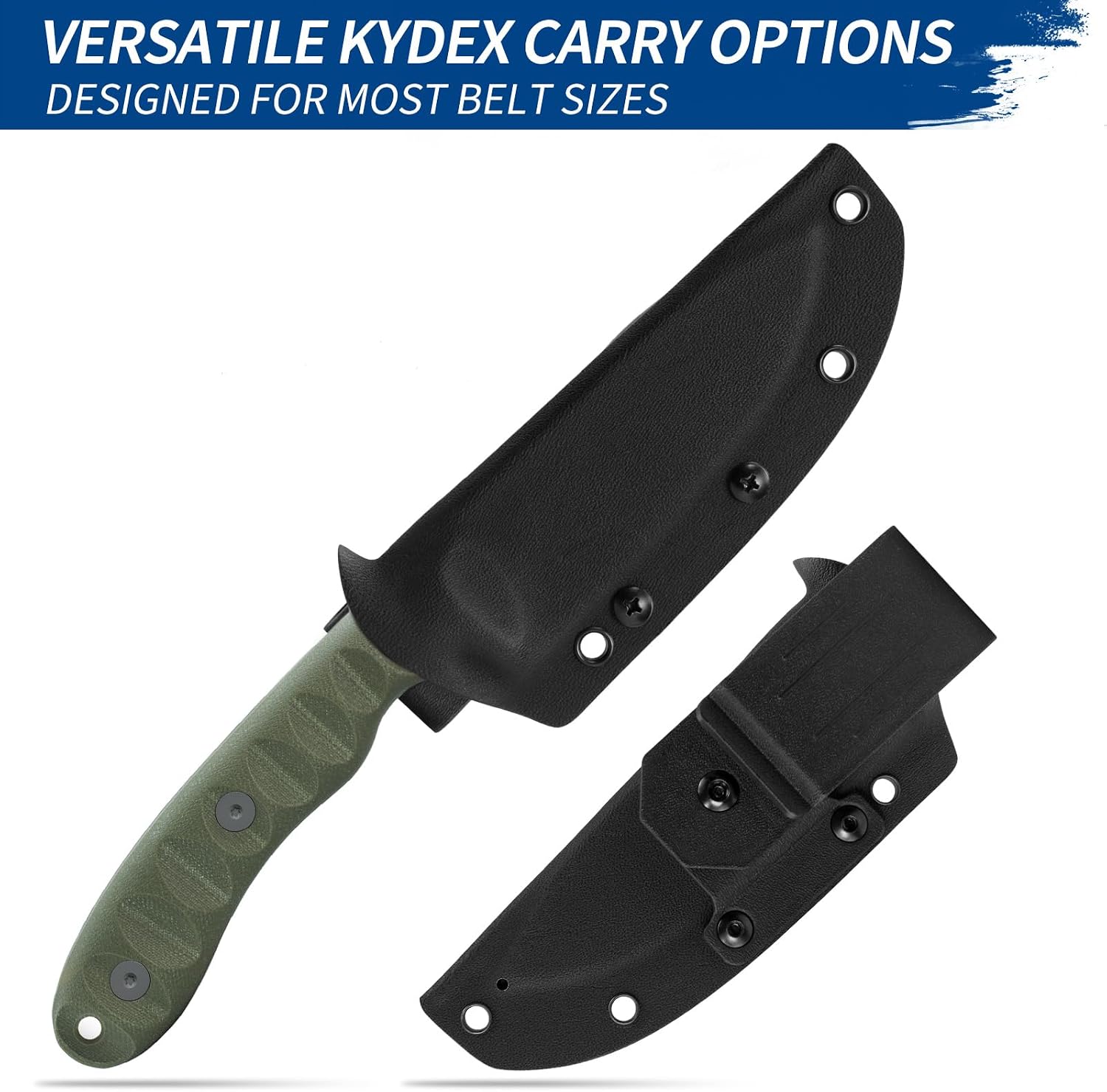 FINTISO Nazar Fixed Blade Knife with Kydex Sheath, 4.24' 14C28N Blade Olive G10 Handles, Titanium-coated, Full Tang Design, Lanyard, for Men Outdoor Activities, Camping, Hiking, EDC Carry.
