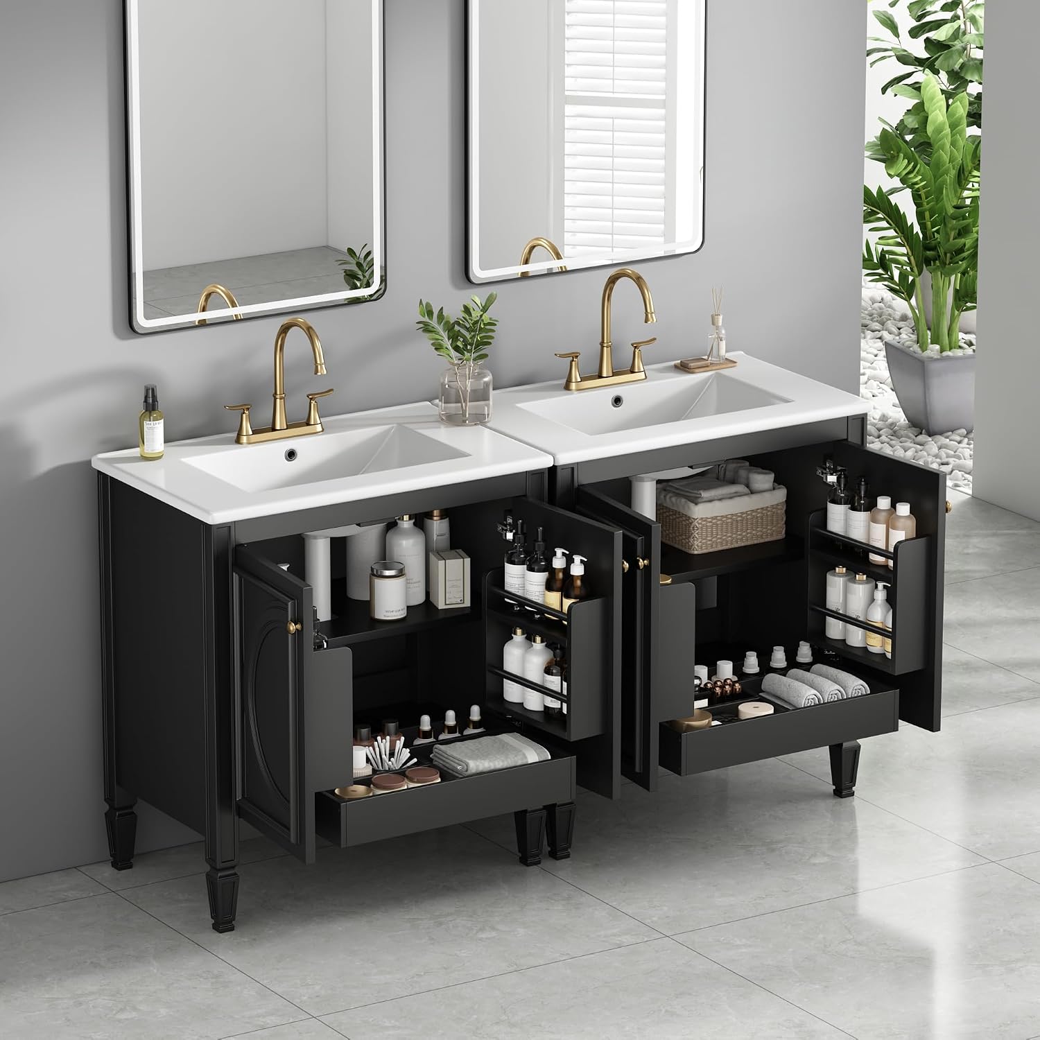 60 Inch Black Bathroom Vanity with Double Sink,Vintage Bathroom Double Vanity with Adjustable Shelves,Soft Closing Doors with Organizers,Hidden Sliding Tray,Solid Rubber Wood Frame(2 * 30 Inch)