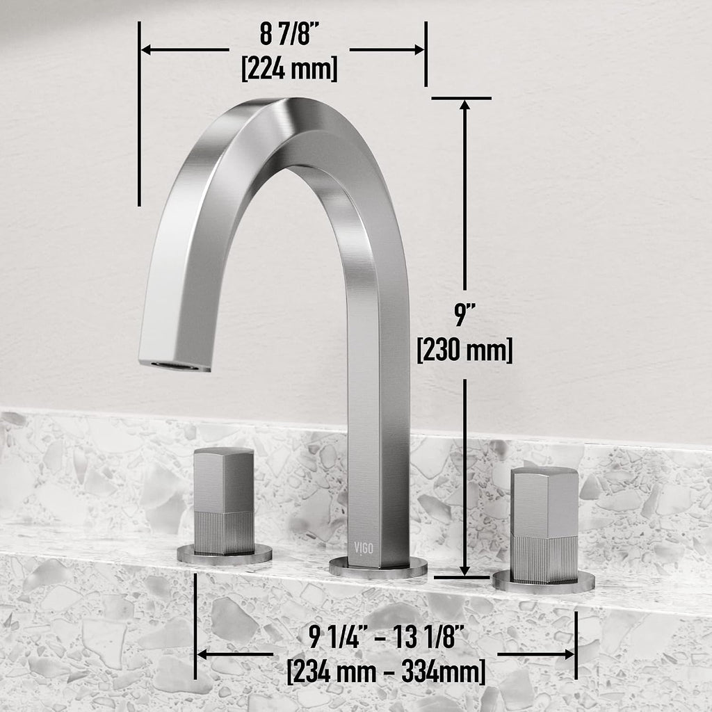 VIGO Hart Two-Handle Three-Hole Mount Widespread Bathroom Sink Faucet, 9-Inch, Brushed Nickel, Modern Design, Solid Brass, 1.2 GPM WaterSense & Ceramic Disc Valve, Corrosion-Resistant