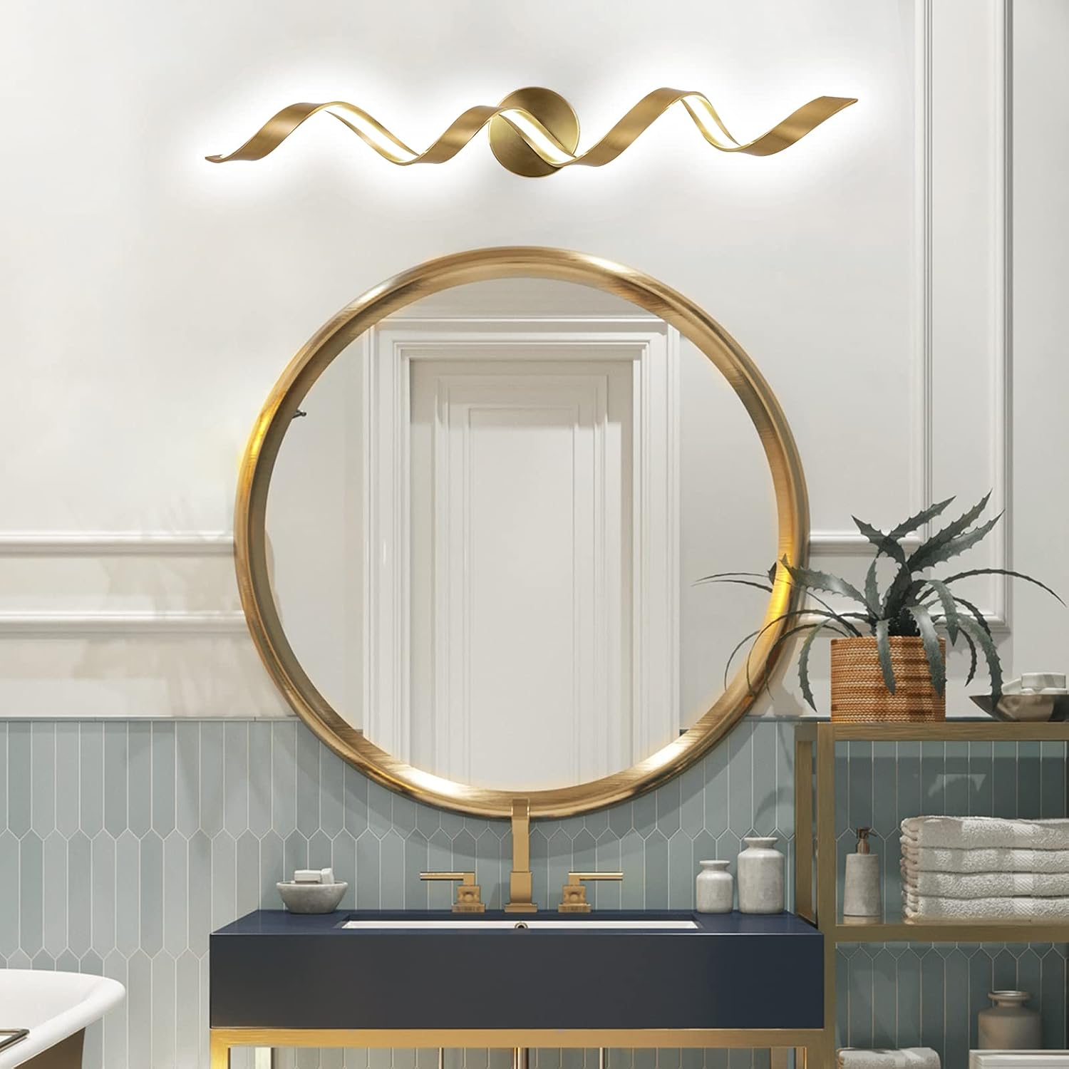 Dimmable Modern LED Bathroom Vanity Light 32 inch, 20W Spiral Design Gold Wall Light Fixtures for Bathroom, Living Room and Hallway, 6000K White Light