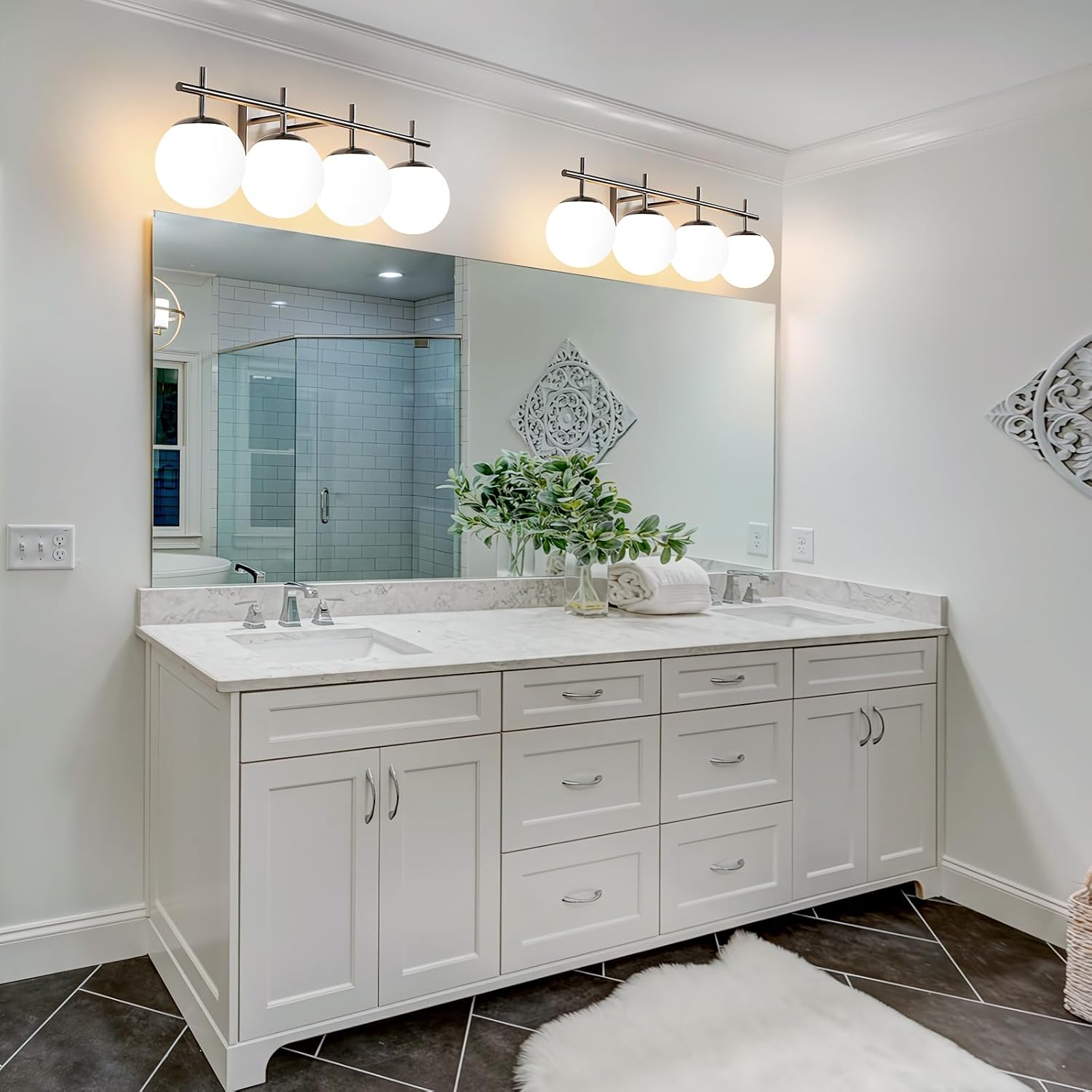 AIJIASI Bathroom Vanity Light, 4-Light Brushed Nickel Vanity Lights, 30.7 Inch Modern Bathroom Light Fixtures with Milky White Glass Globe Shade, Vanity Lighting Fixtures Over Mirror Wall Sconce