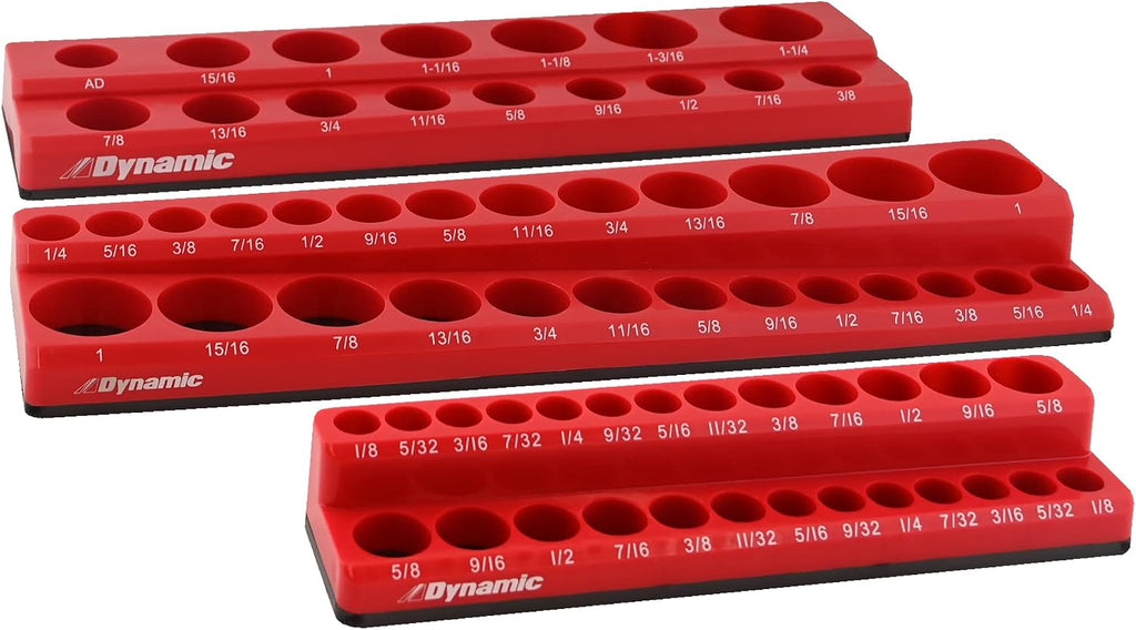 Dynamic 3 Piece Magnetic Socket Organizer Sets, 1/4', 3/8' and 1/2' Drive, SAE and Metric, Quality Tool Box Organizer (3 Pc. SAE Set, Holds 68 Sockets)