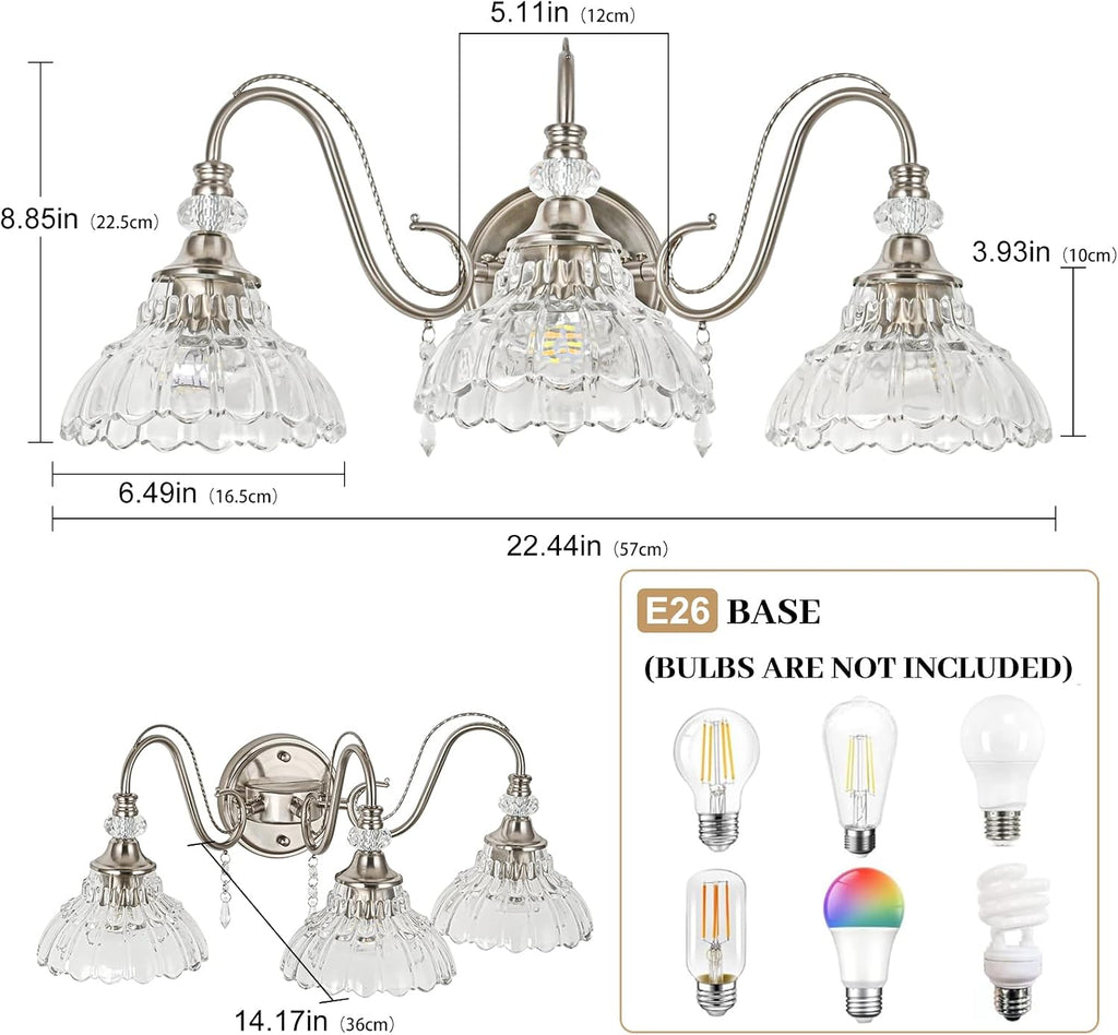 Brushed Nickel Bathroom Vanity Light, 3-Light Nickel Finish Wall Sconce with Hanging Crystal Accents and Flower-Shaped Clear Glass Shades, Modern Wall Mount Vanity Light Over Mirror for Bathroom