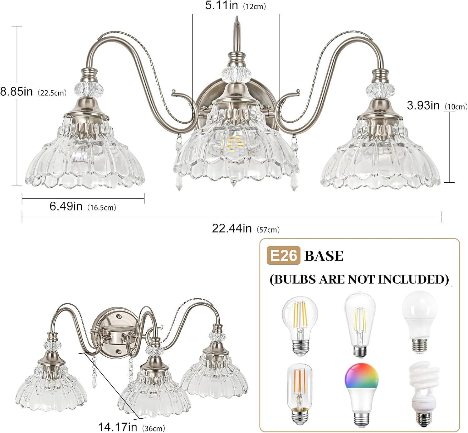 Brushed Nickel Bathroom Vanity Light, 3-Light Nickel Finish Wall Sconce with Hanging Crystal Accents and Flower-Shaped Clear Glass Shades, Modern Wall Mount Vanity Light Over Mirror for Bathroom