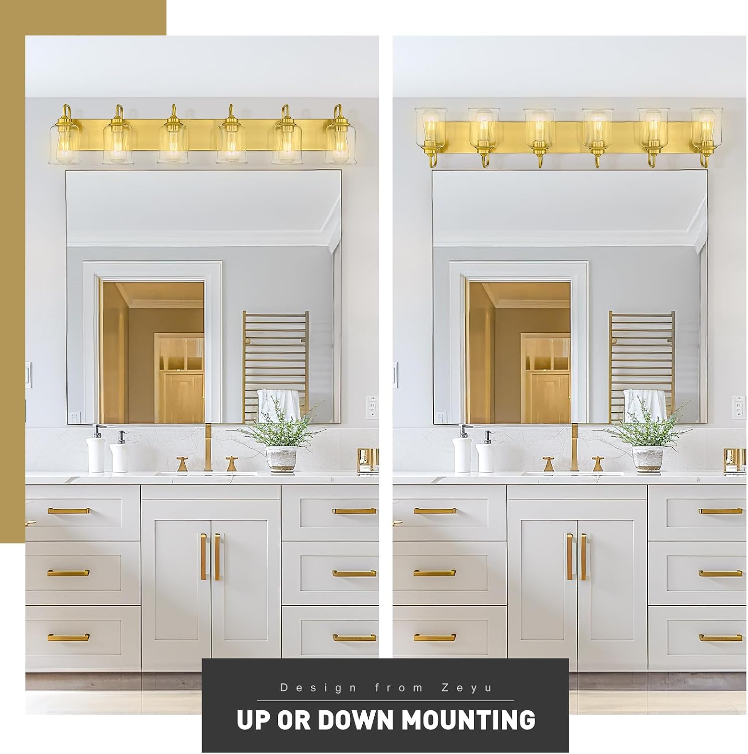 zeyu 44 Inch Brushed Gold Bathroom Light Fixtures, 6 Lights Vintage Wall Light, Modern Vanity Light with Clear Glass Shade, ZSL72B-6W BG
