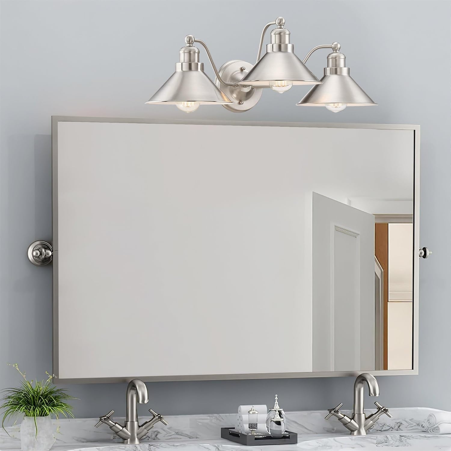 Kira Home Welton 25.5' 3-Light Modern Farmhouse Vanity Light with Funnel Shades, Industrial Silver Wall Sconce Bathroom Light, Brushed Nickel Finish