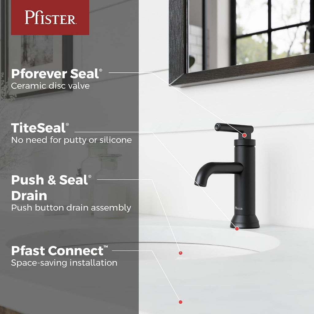 Pfister Capistrano Single Handle Bathroom Sink Faucet 1 Hole Matte Black Vanity Faucet with Push & Seal Drain NSF Certified Water-Efficient TiteSeal Technology LF042CSOSDB