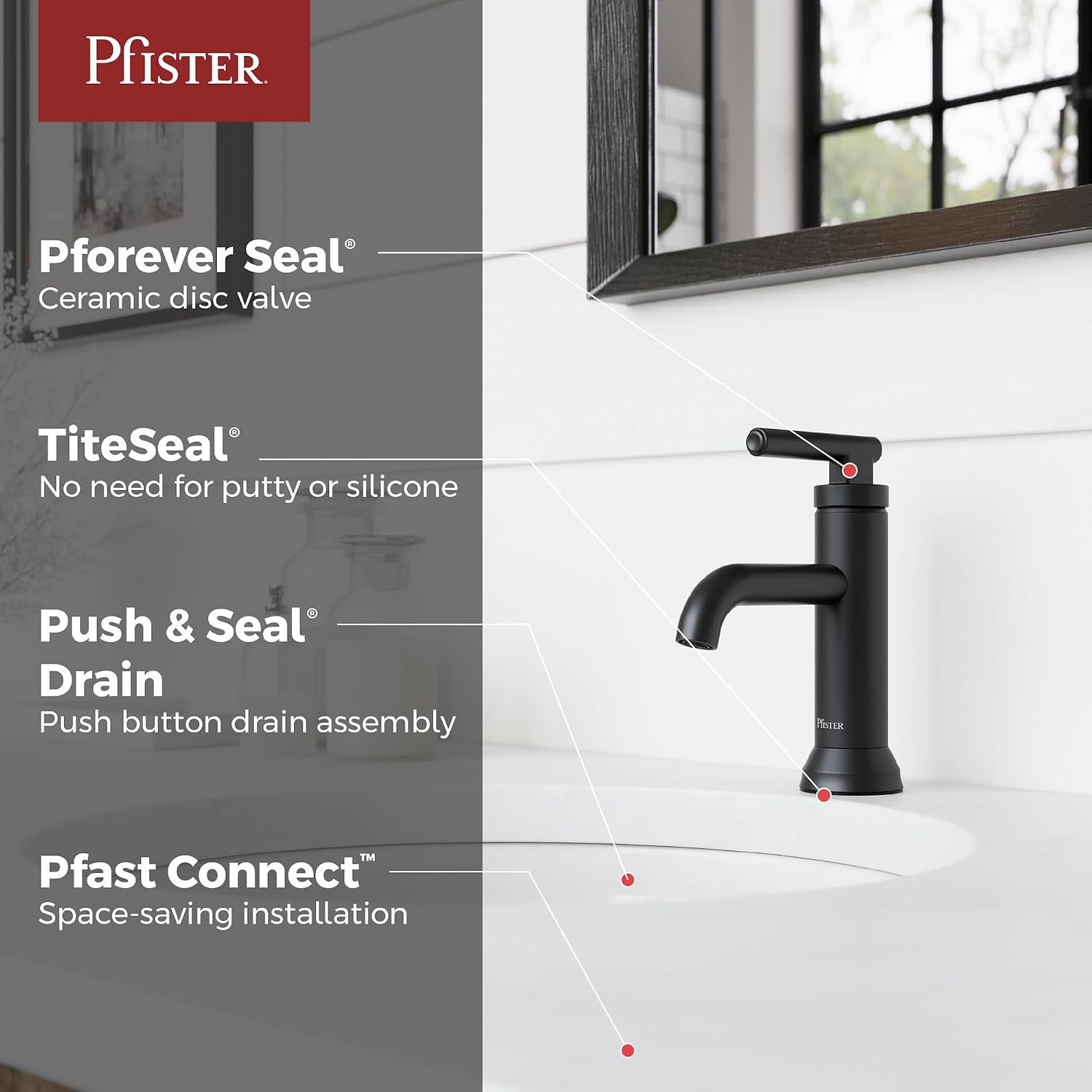 Pfister Capistrano Single Handle Bathroom Sink Faucet 1 Hole Matte Black Vanity Faucet with Push & Seal Drain NSF Certified Water-Efficient TiteSeal Technology LF042CSOSDB