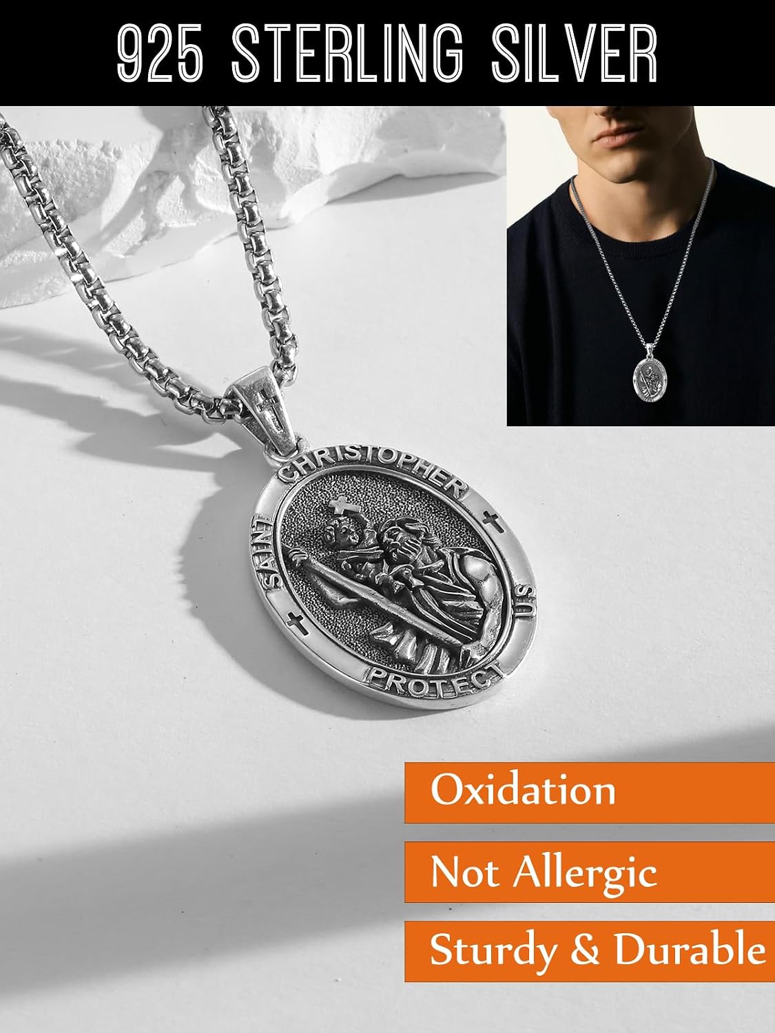 Patron Saint Medals 925 Sterling Silver Amulet Necklace Protection Jewelry for Men with 2.5mm 22'+2' Round Box Chain