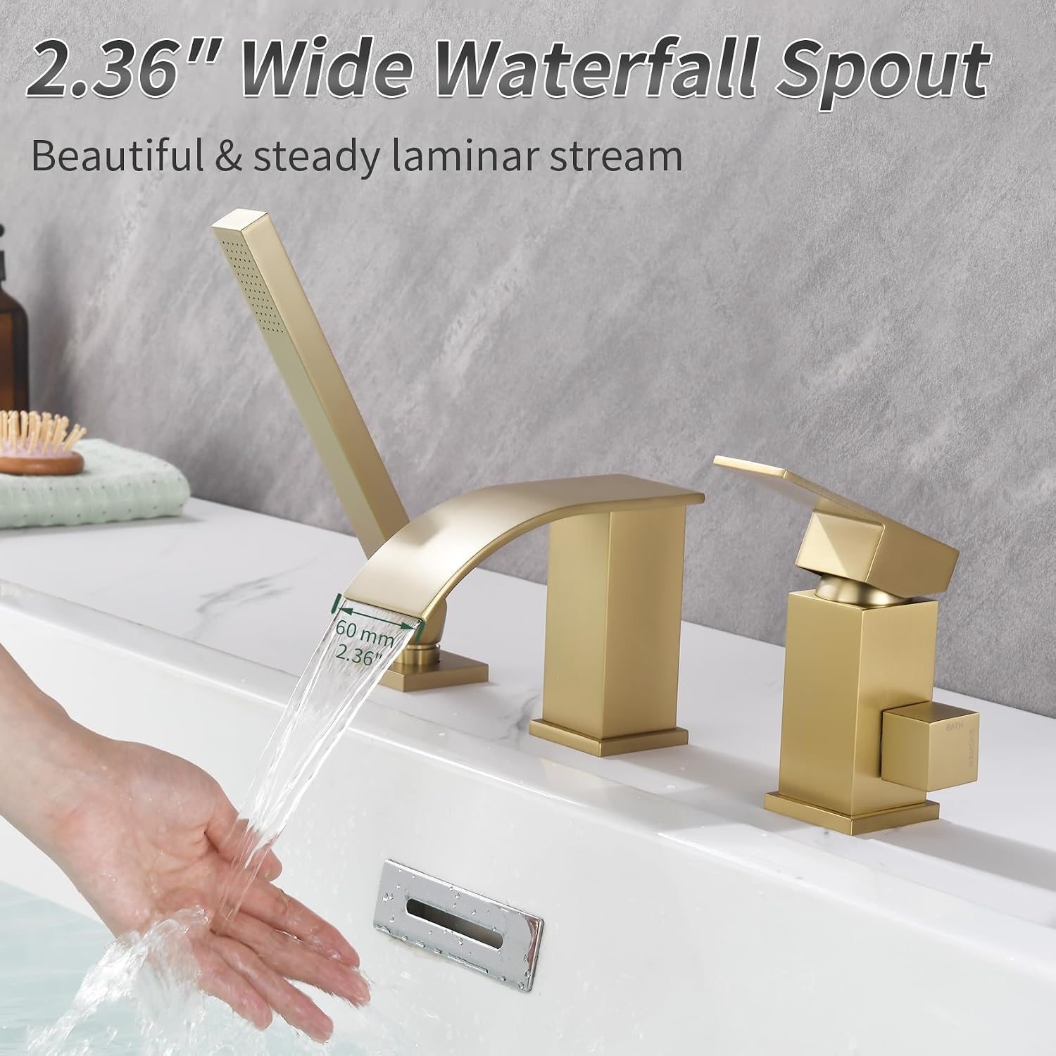 TapLong Waterfall Roman Tub Faucet with Hand Shower, Deck Mount Bathtub Faucets High Flow Widespread 3 Hole Bathtub Shower Faucet Set, Brushed Gold,03766BG