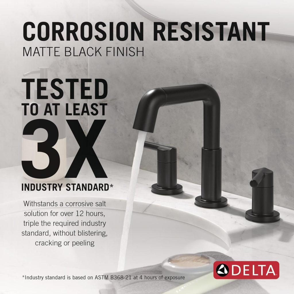 Delta Nicoli Matte Black Bathroom Faucet with Sprayer, 8 Inch 3 Hole Widespread Bathroom Sink Faucet with Pull Out Sprayer, Push-Pop Drain, Matte Black 35849LF-BLPD.