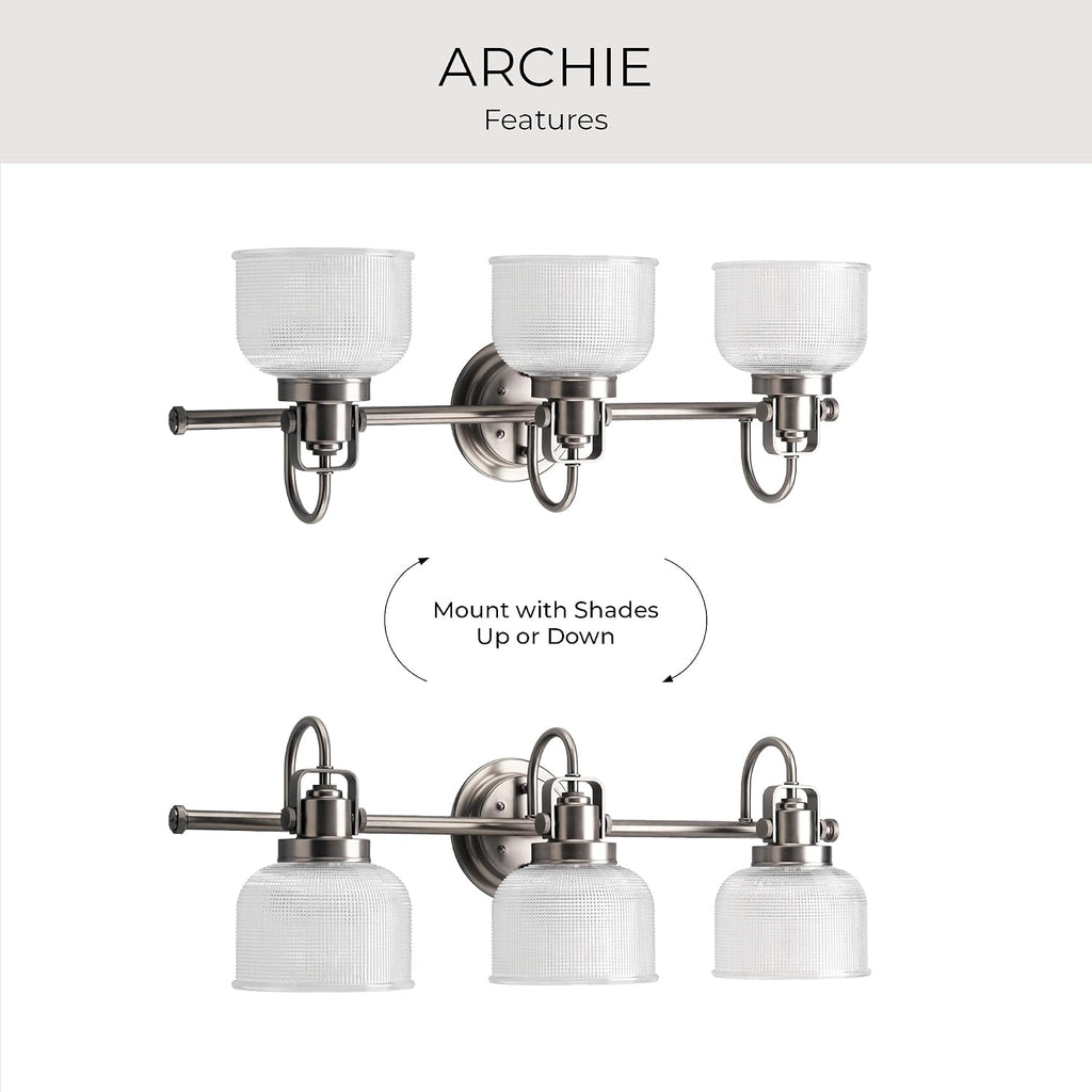 Progress Lighting P2992-81 Archie Collection Clear Double Prismatic Glass Coastal Bath Vanity, 3-Light, Antique Nickel