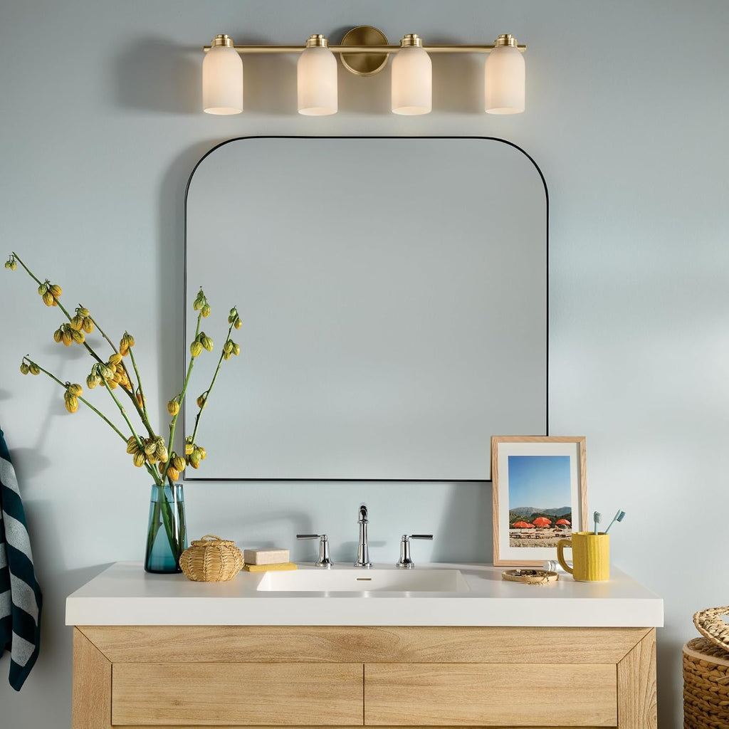 Kichler Shae 32.25' 4-Light Bathroom Vanity Light Fixture with White Opal Glass Shade in Champagne Bronze for Mirror Lighting Over Vanity and Powder Room (32.25' W x 9' H), 55203CPZ