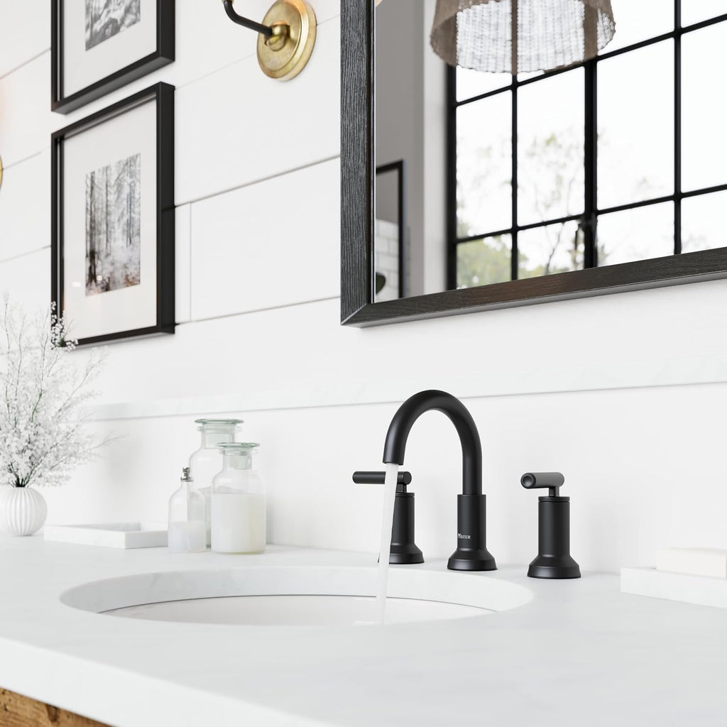 Pfister Capistrano Widespread 3 Hole Matte Black Bathroom Sink Faucet with 2 Handles Push & Seal Drain NSF Certified Spot Defense Finish Farmhouse Style Vanity LF049CSOSDB