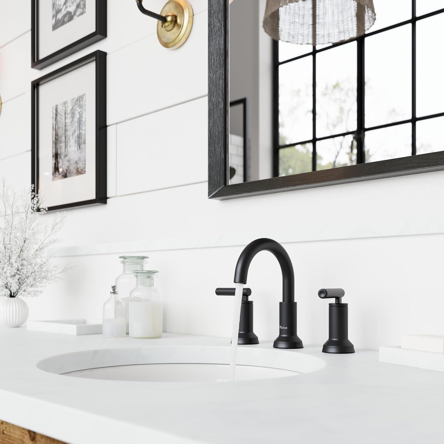 Pfister Capistrano Widespread 3 Hole Matte Black Bathroom Sink Faucet with 2 Handles Push & Seal Drain NSF Certified Spot Defense Finish Farmhouse Style Vanity LF049CSOSDB