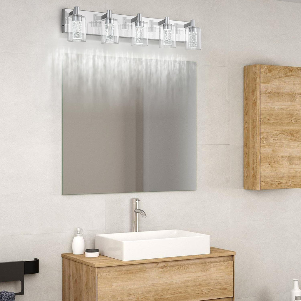 SineRise Vanity Light with 3 Color Modes (3000K/4000K/6000K), Eye Protection LED Bathroom Light Fixture, Dimmable Modern Wall Light Over Mirror with Clear Glass Shade (Chrome, 5-Light)