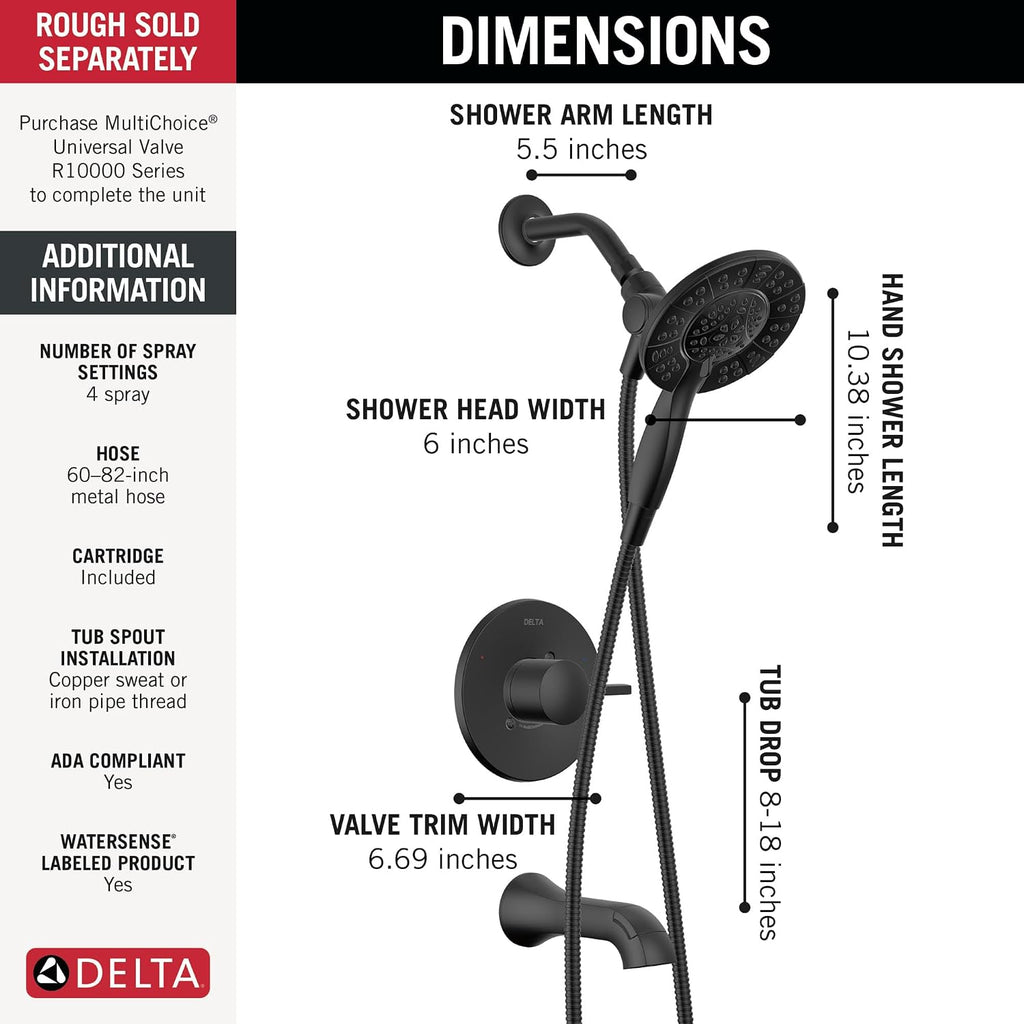 Delta Albion Bathtub Shower Faucet Set in Black 1.75 GPM, T144855-BL-I