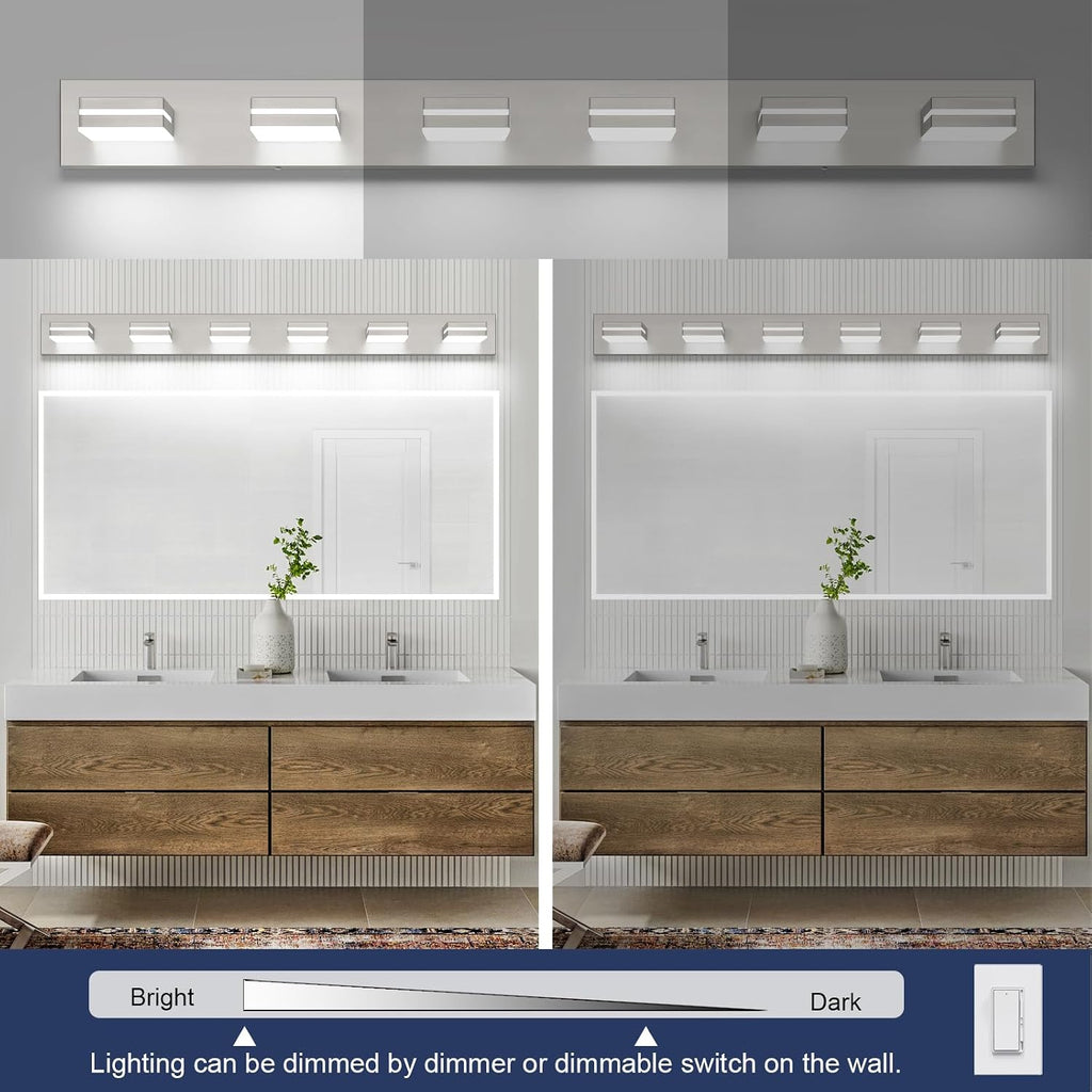 SineRise LED Modern Bathroom Vanity Light Fixtures (6-Light, 48-Inch, Dimmable), Brushed Nickel Modern Acrylic Bathroom Wall Lighting Fixtures Over Mirror (Cool White 6000K)