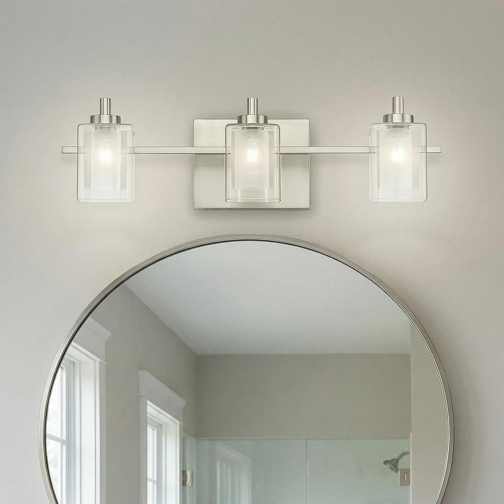Quoizel Kolt 21' LED Vanity Light, 3-Light Brushed Nickel, Clear Sandblasted Glass, Modern Bathroom Fixture Over Mirror