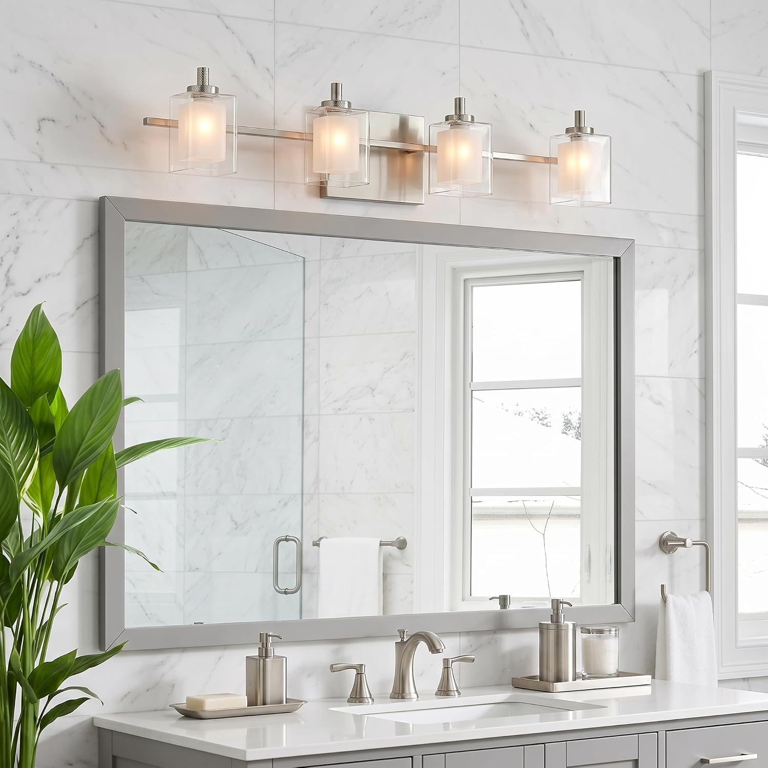 Quoizel Kolt Modern Vanity Lights, 4-Light, 29 Inch Brushed Nickel Bathroom Lighting Fixtures Over Mirror, Sandblasted Inner Glass, 50 W LED Bulb, Wall Mount Light for Bathrooms, Kitchen or Hallway