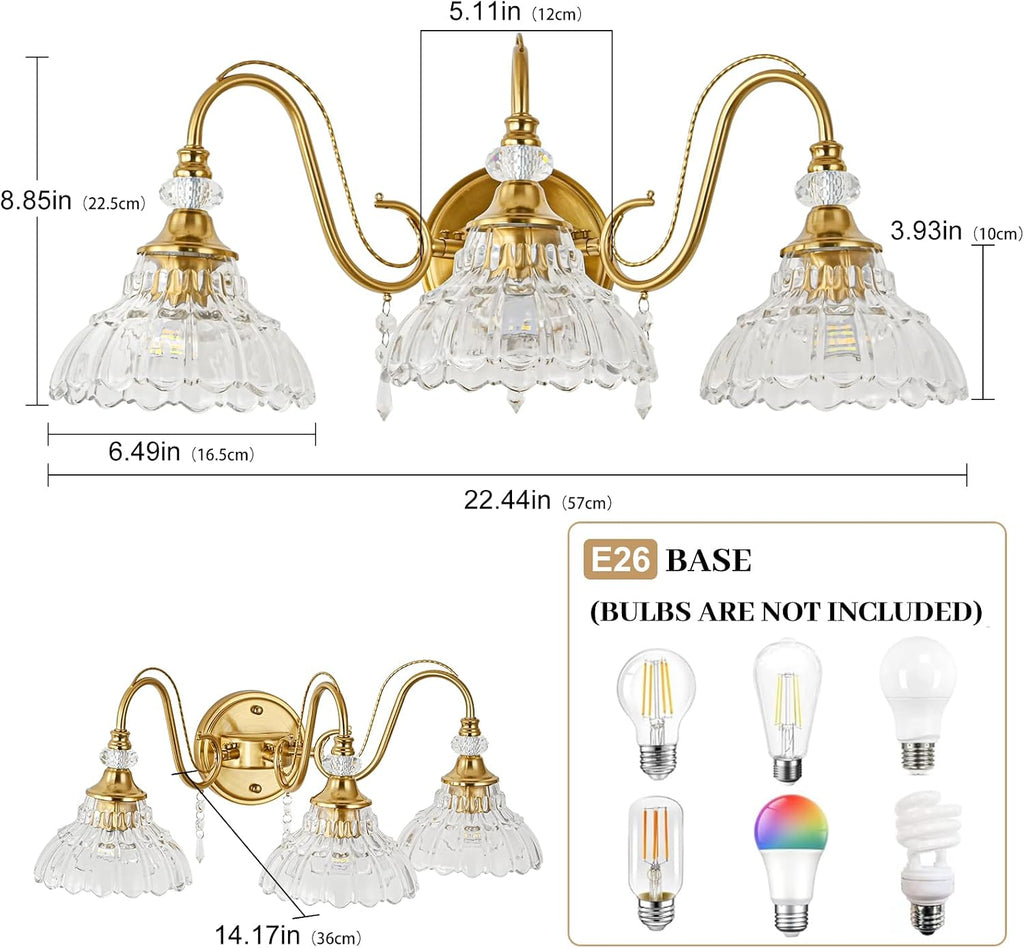 Vintage Bathroom Vanity Light, 3-Light Brushed Gold Finish Wall Sconce with Hanging Crystal Accents and Flower-Shaped Clear Glass Shades, Retro Wall Mount Vanity Light Over Mirror for Bathroom