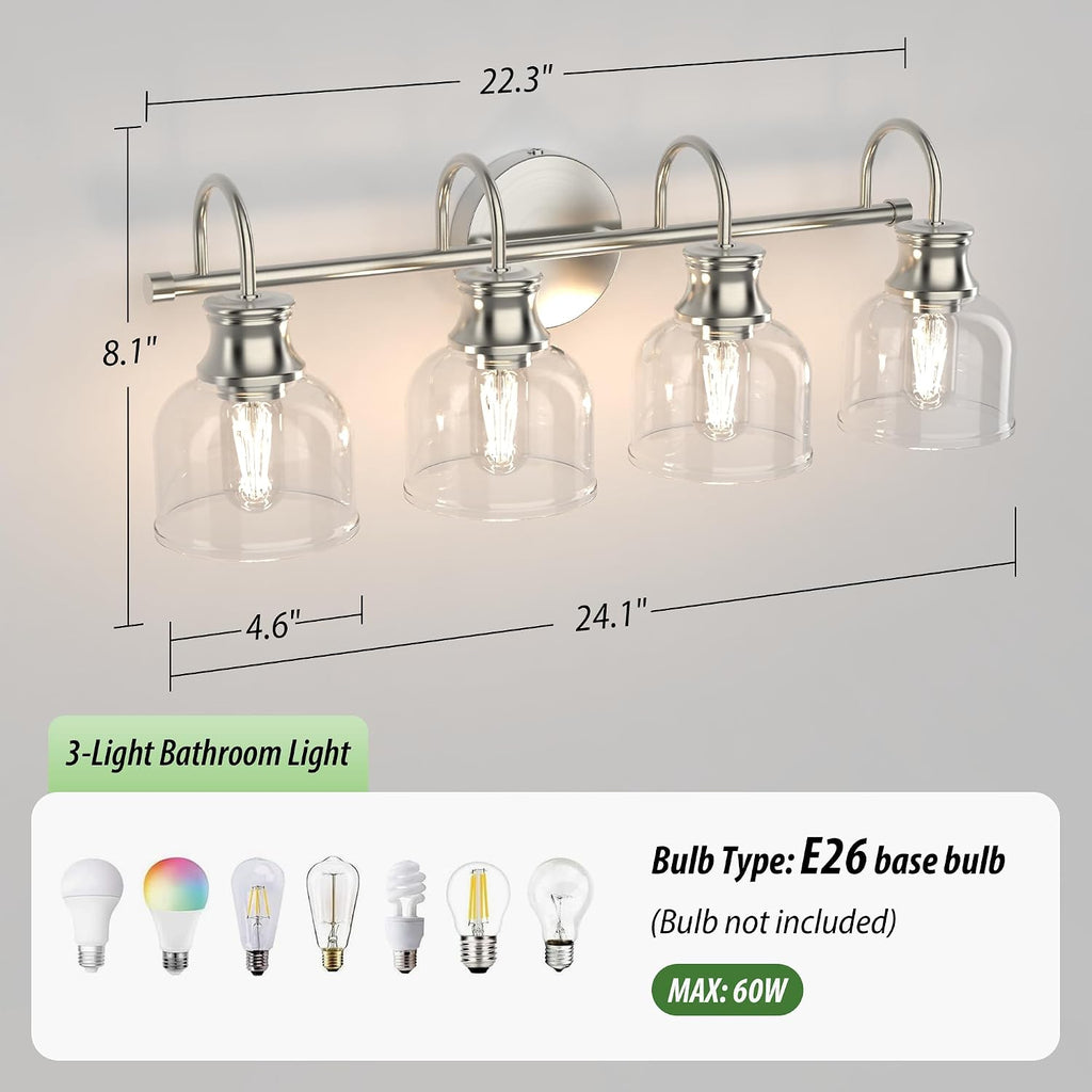 4 Lights Bathroom Vanity Light Fixtures, Brushed Nickel Traditional Classic Vanity Light with Clear Glass, Bathroom Lighting Fixtures Over Mirror