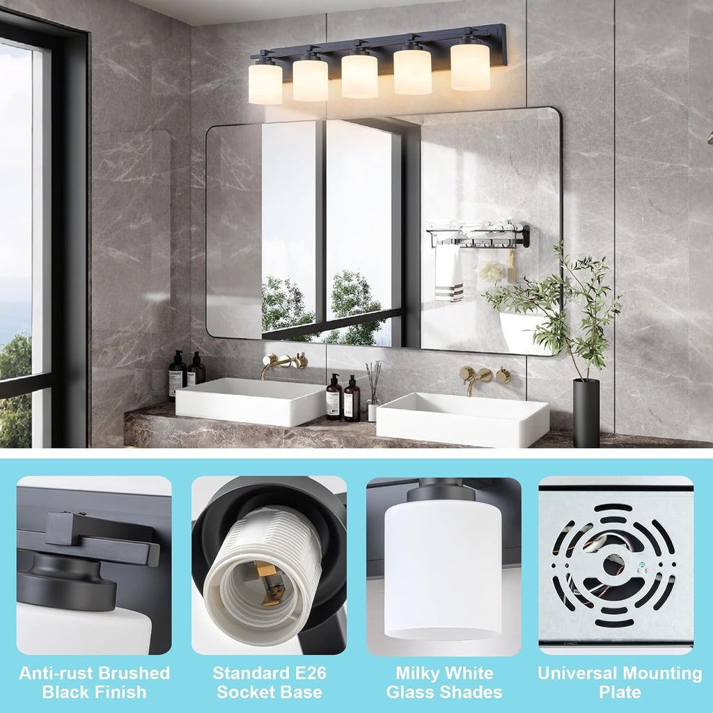 Modern Bathroom Light Fixtures Over Mirror, Vanity Lights for Bathroom Wall Sconces with Milky White Glass Shades, E26 Socket (Bulbs Not Included), 5 Light, Black