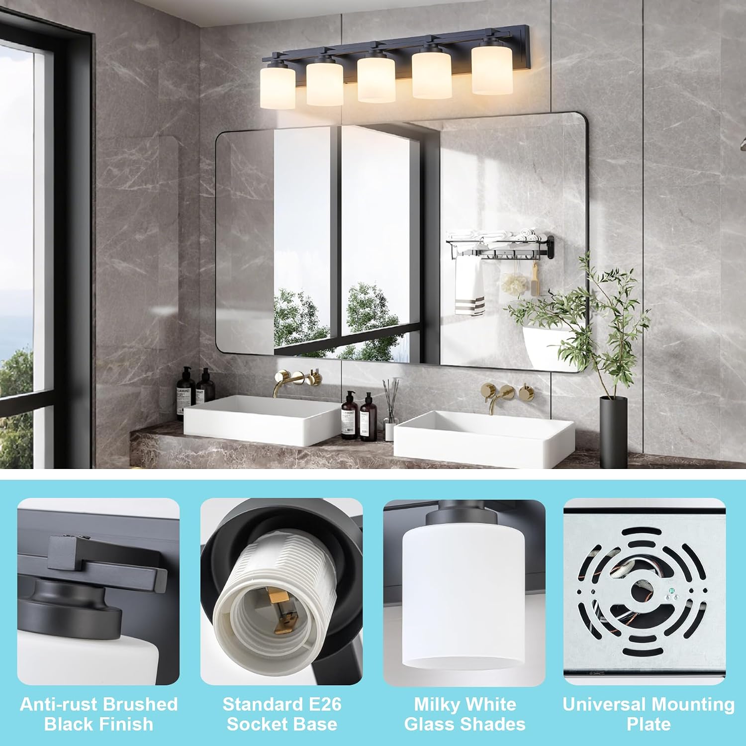 Modern Bathroom Light Fixtures Over Mirror, Vanity Lights for Bathroom Wall Sconces with Milky White Glass Shades, E26 Socket (Bulbs Not Included), 5 Light, Black