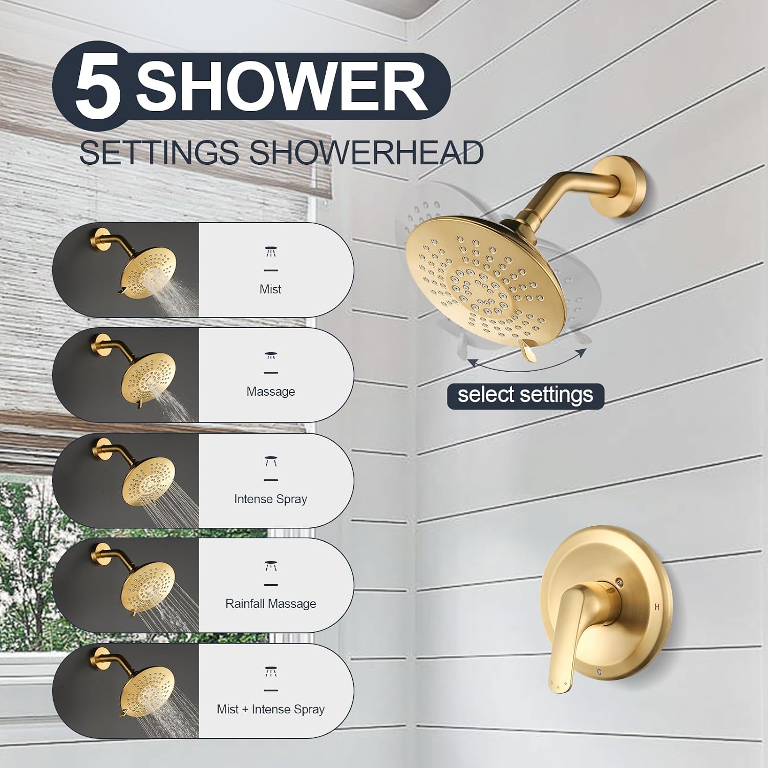 Shower Faucet with Valve, Bathroom Shower Faucet Kit, Solid Brass Shower Head Faucet Set Complete, Single Handle Rain Shower Head Trim Kit for Bathroom, Brushed Gold