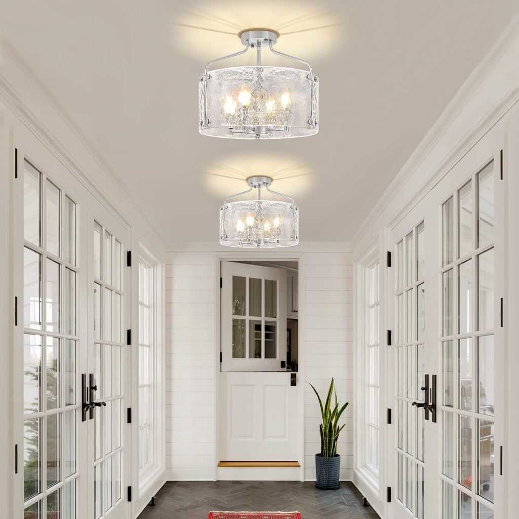 Brushed Nickel Semi Flush Mount Ceiling Lights, 15.3 inch Hammered Glass Entryway Hallway Light Fixtures, 4-Light Modern Drum Chandeliers for Dining Room Bedroom Bathroom Foyer