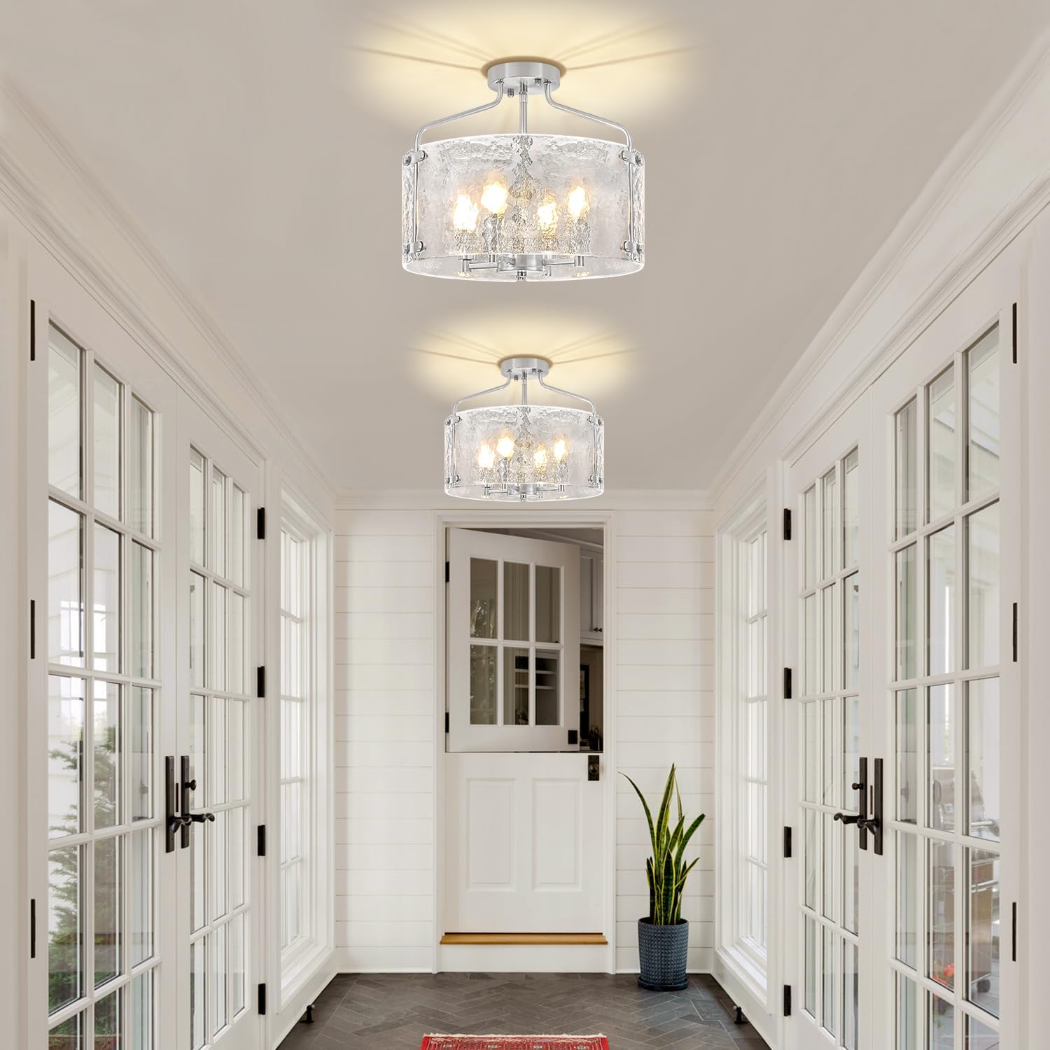 Brushed Nickel Semi Flush Mount Ceiling Lights, 15.3 inch Hammered Glass Entryway Hallway Light Fixtures, 4-Light Modern Drum Chandeliers for Dining Room Bedroom Bathroom Foyer