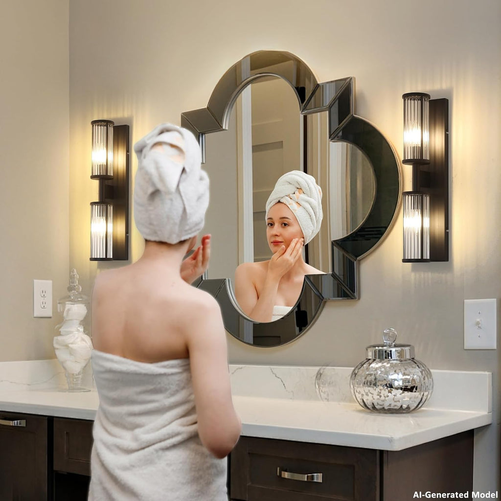Modern Vanity Light Set of 2 - Matte Black Industrial Wall Sconces with Glass Rod Shades, Bathroom Mirror Lighting for Bedroom, Hallway, Dressing Room