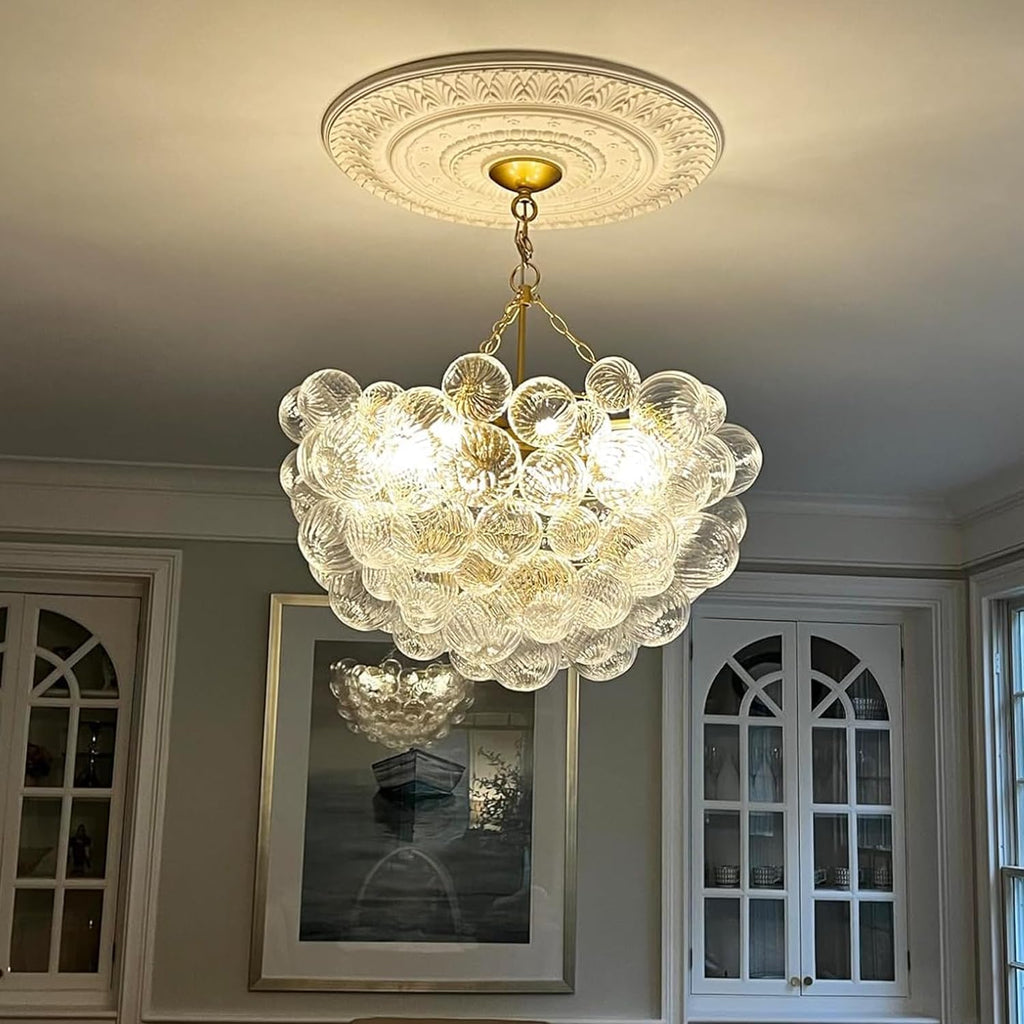 31' Gold 9-Light Bubble Chandelier | Swirled Clear Nordic Glass, Ribbed Glass Globe Pendant, Art Deco Cluster Ball Fixture
