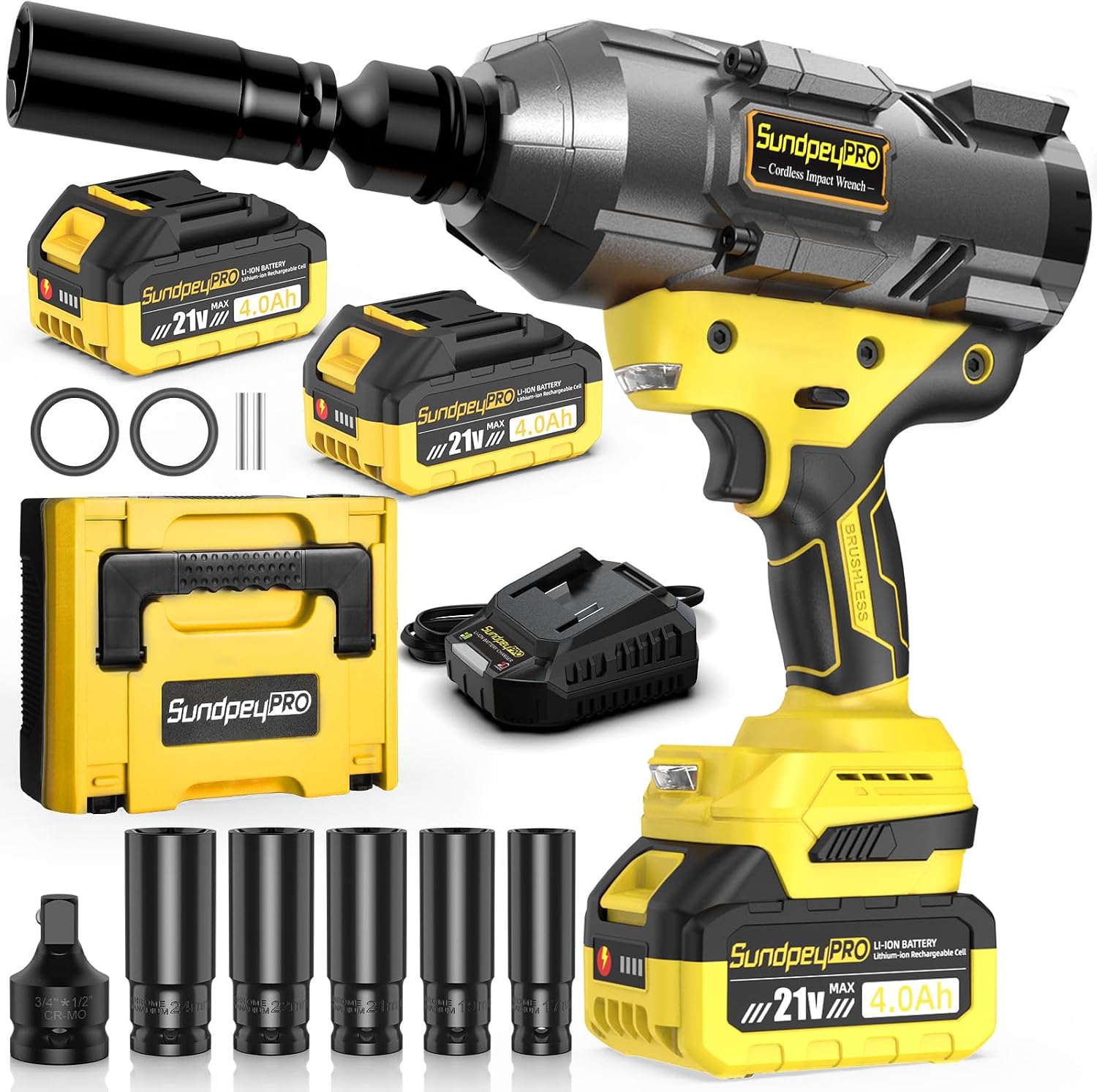 21V Cordless Impact Wrench - 1600Ft-lbs(2100N·m) Heavy Duty High Torque Brushless 3/4 Impact Gun with 2 x 4.0Ah Batteries & Fast Charger 3/4' to 1/2' Adapter & 5 Sockets for Car Industrial