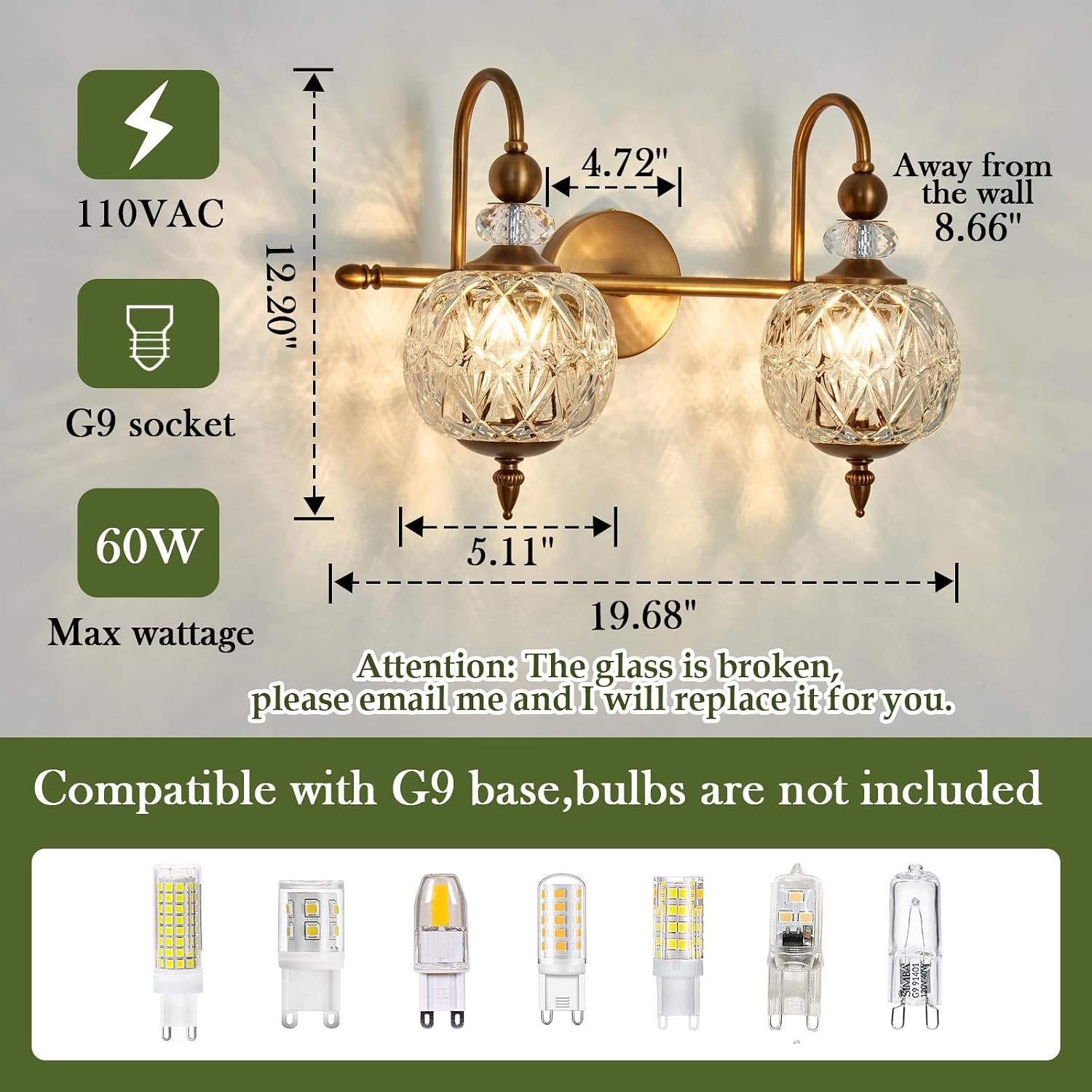 Piepooye Vintage Bathroom Light Fixtures Gold Vanity Light with Glass Globe LampShade 2 Lights Mid Century G9 Bulb Wall Sconce Indoor Vanity Light Over Mirror for Bedroom Farmhouse Hallway