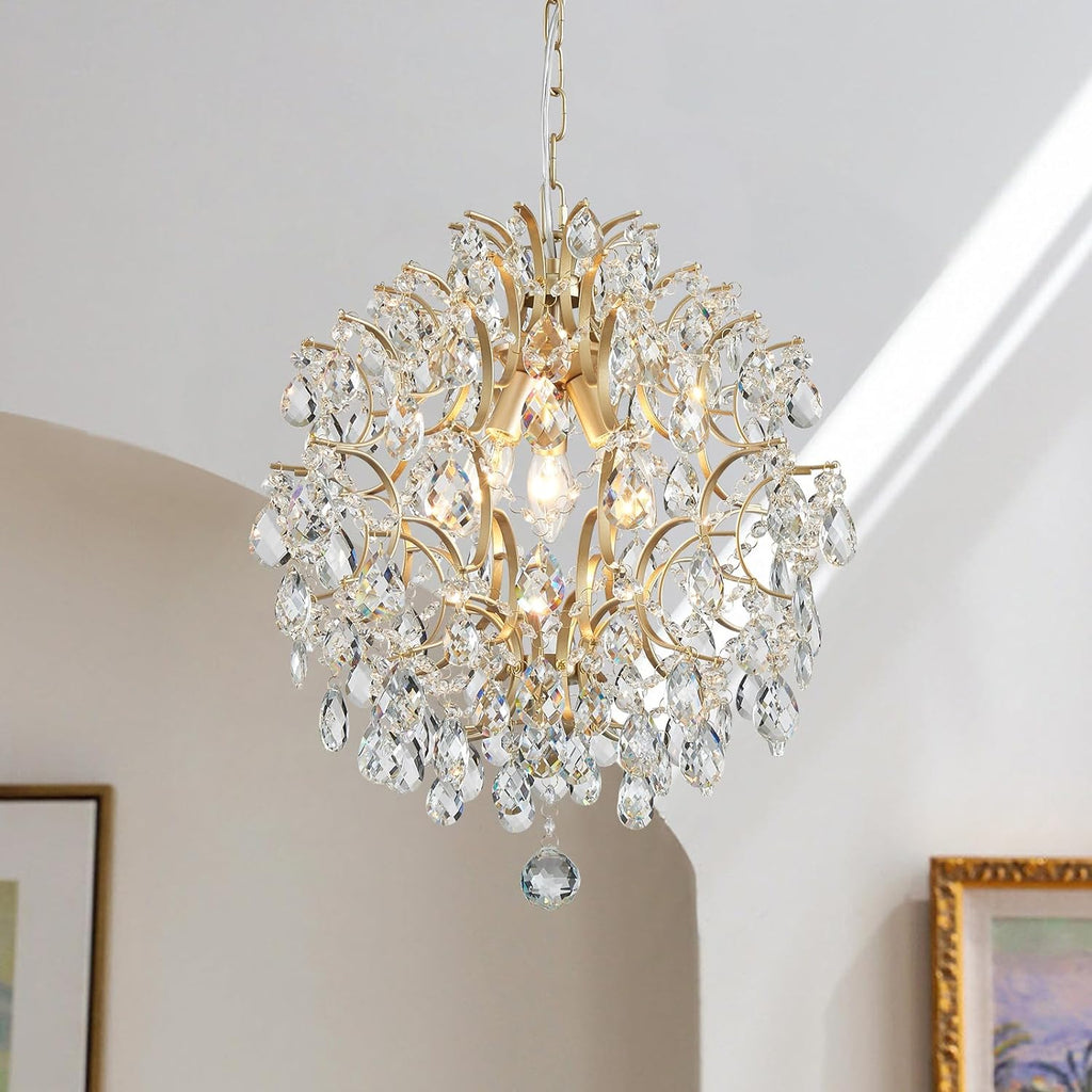 Bestier Modern Gold Pendant Chandelier Crystal Raindrop Lighting Ceiling Light Fixture Lamp for Dining Room Bathroom Bedroom Livingroom entryway 3 E12 Bulbs Required D16 in x H18 in