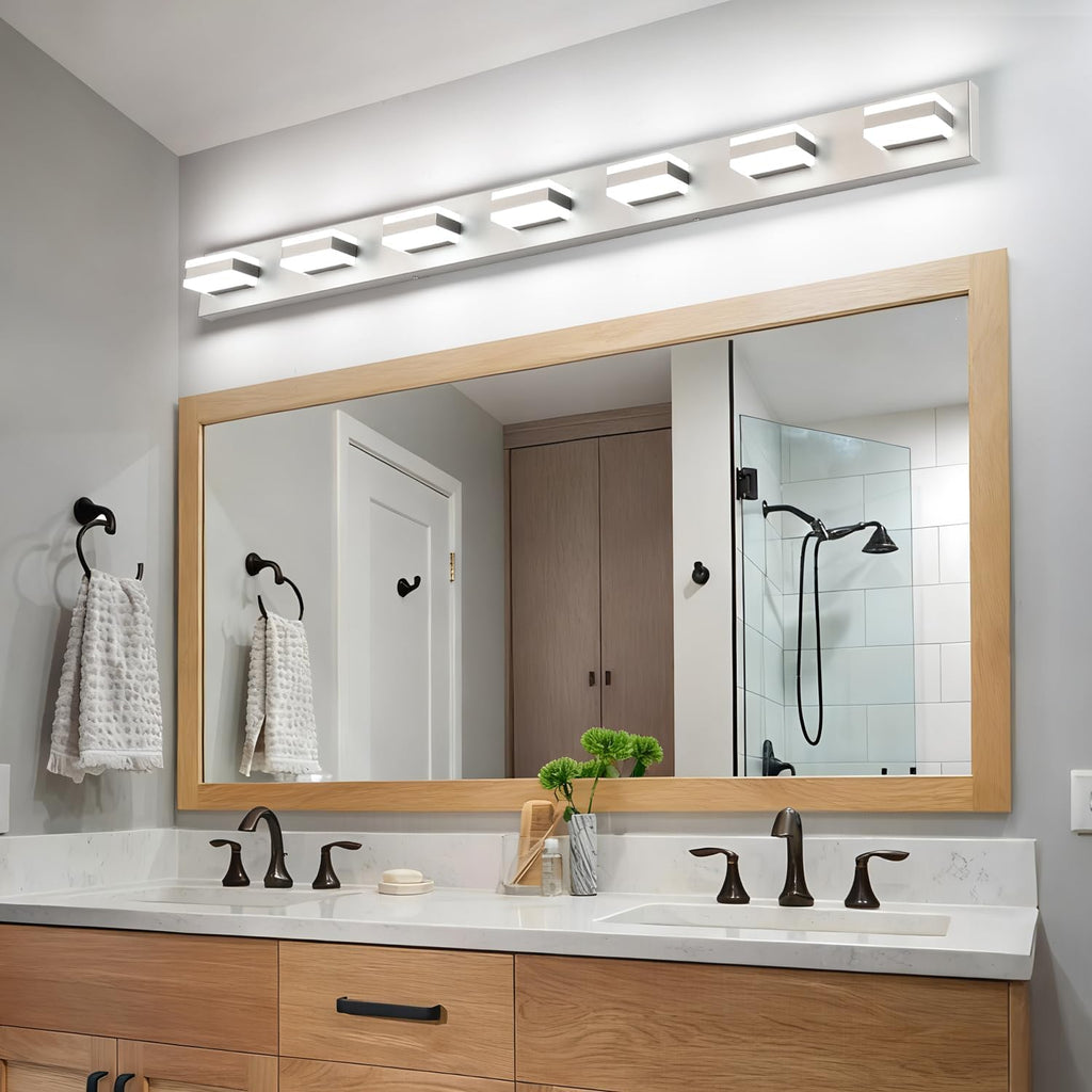 SOLFART Bathroom Vanity Lighting Over Mirror,7 Lights Brushed Nickel Vanity Light, Modern LED Light Fixtures,53 Inch for Bathroom