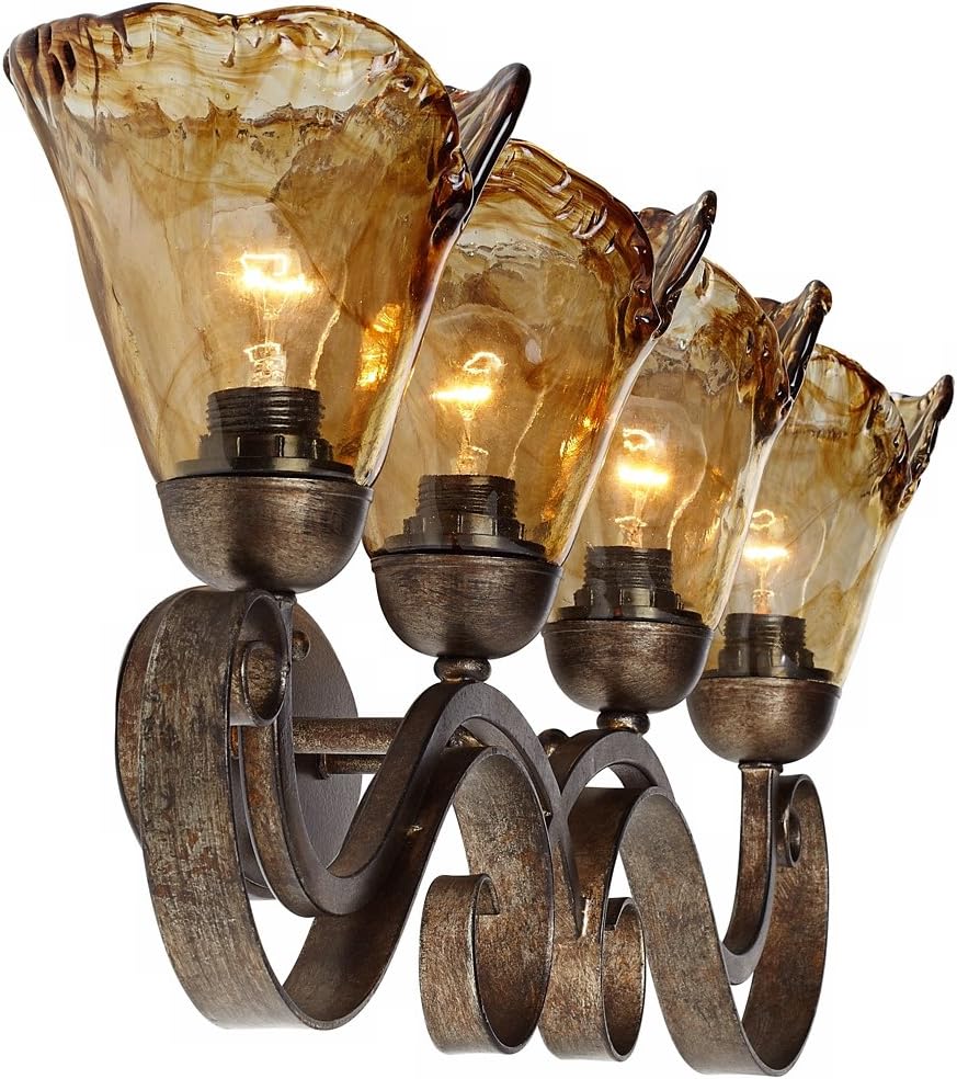 Franklin Iron Works Amber Scroll Rustic Vintage Wall Mount Light Golden Bronze Silver Metal 29 1/2' Wide 4-Light Vanity Fixture Organic Art Glass Shades Decor for Bathroom Over Mirror House Home