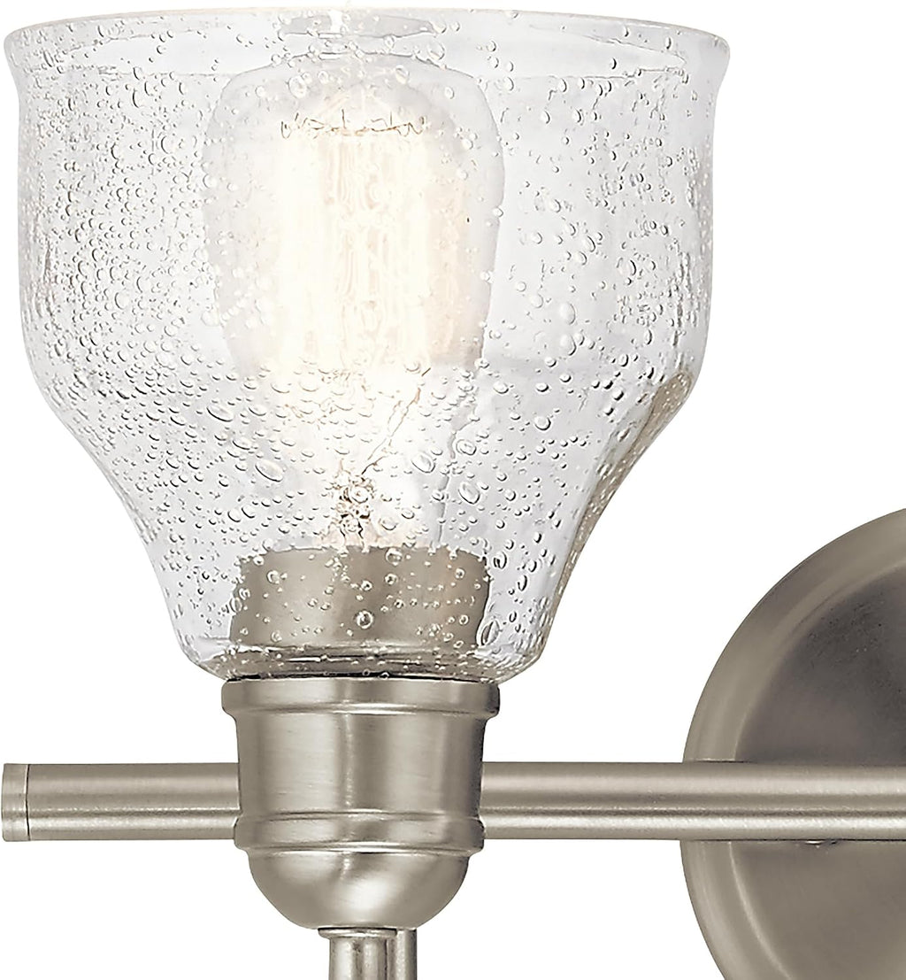 Kichler Avery 14.75' 2 Light Bathroom Vanity Light in Brushed Nickel, Vintage Bathroom Wall Mount Fixture with Clear Seeded Glass, (14.75' W x 9.25' H), 45972NI