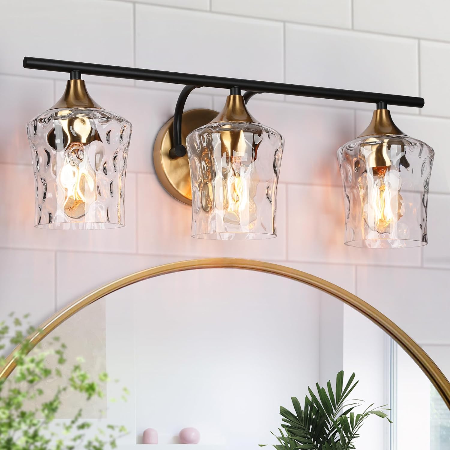 KSANA Black and Brass Vanity Light, Modern Black Gold Bathroom Light Fixtures with Water Textured Glass Shade, 3-Light Bathroom Lighting Over Mirror