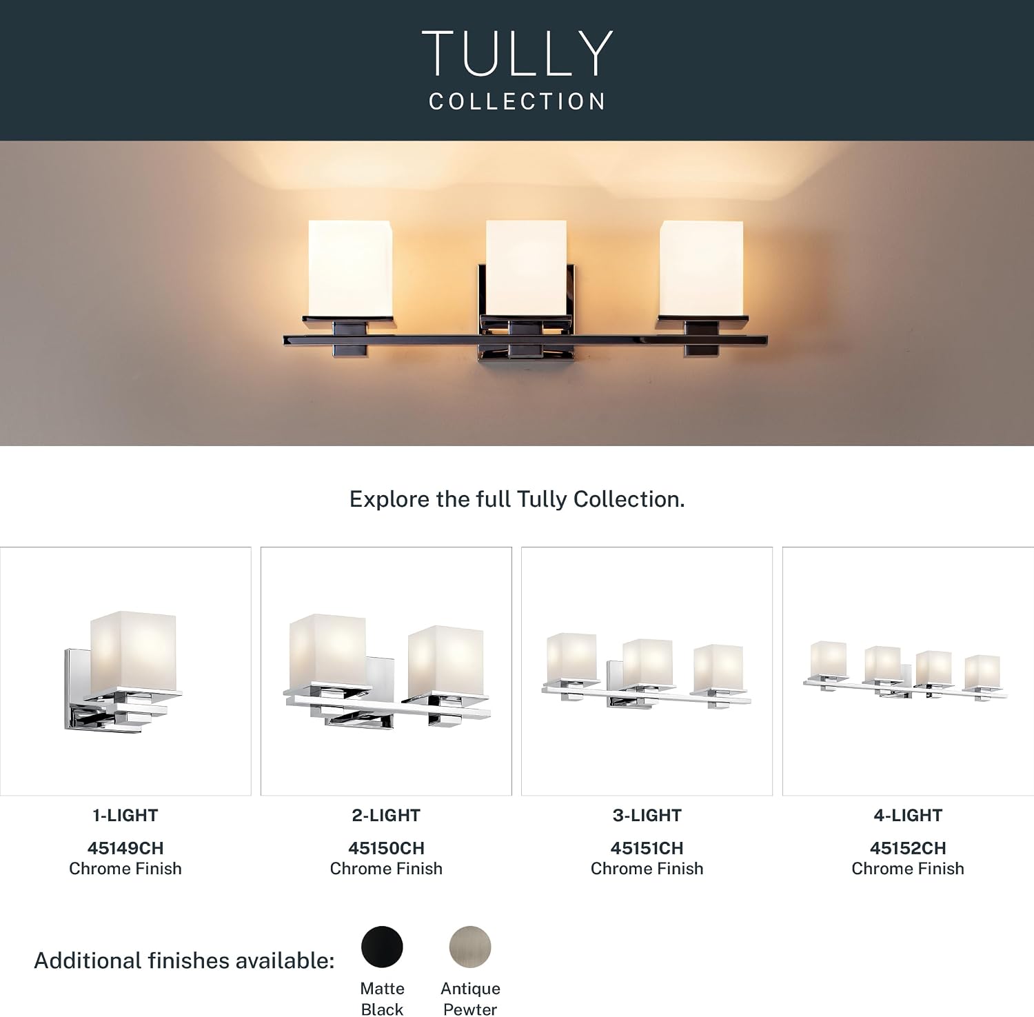Kichler Tully 24' Vanity Light in Chrome, 3-Light Modern Bathroom Light with Satin Etched Cased Opal Glass, (24' W x 6.5' H), 45151CH