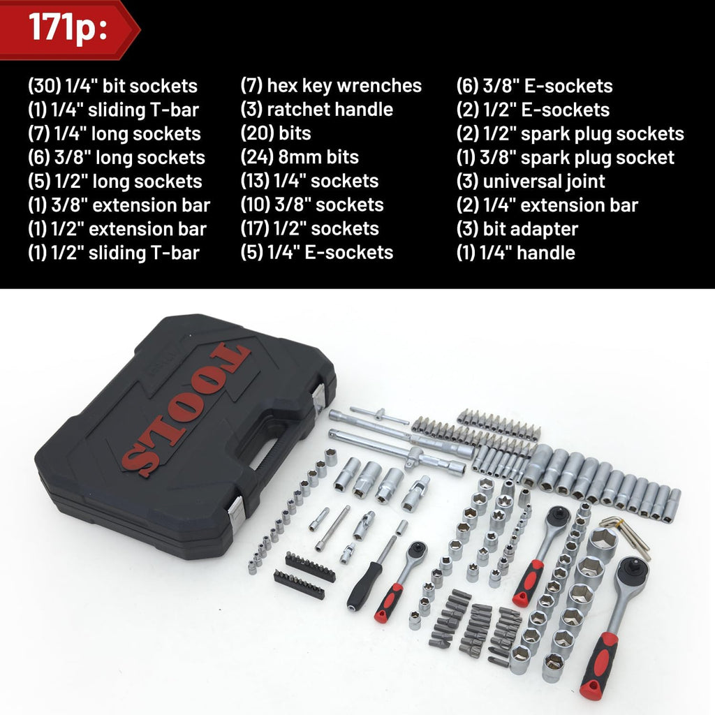 171 Pieces Socket Set, 1/4 and 3/8 Inch Drive Mechanic Tool Set, Motorcycle Tool Kit with Ratchet Handle, Universal Joint, Extension Bar, Home Auto Repair Set (171p)
