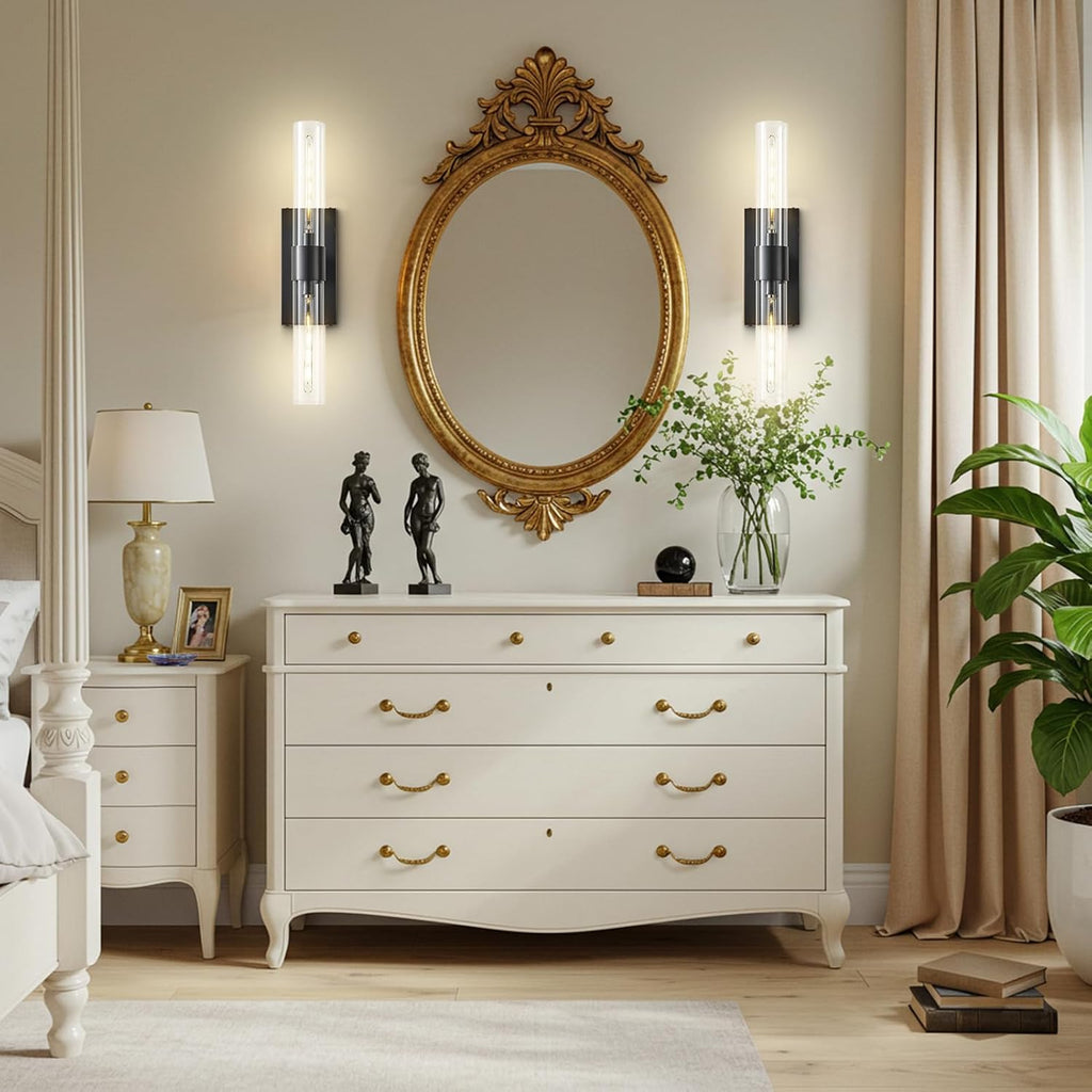 22.8' Bathroom Sconces Set of 2 – Modern Linear Hardwired Wall Sconce with Clear Glass Tube, Horizontal or Vertical Mount, for Bathroom Mirror, Bedroom & Living Room, Bulb Included