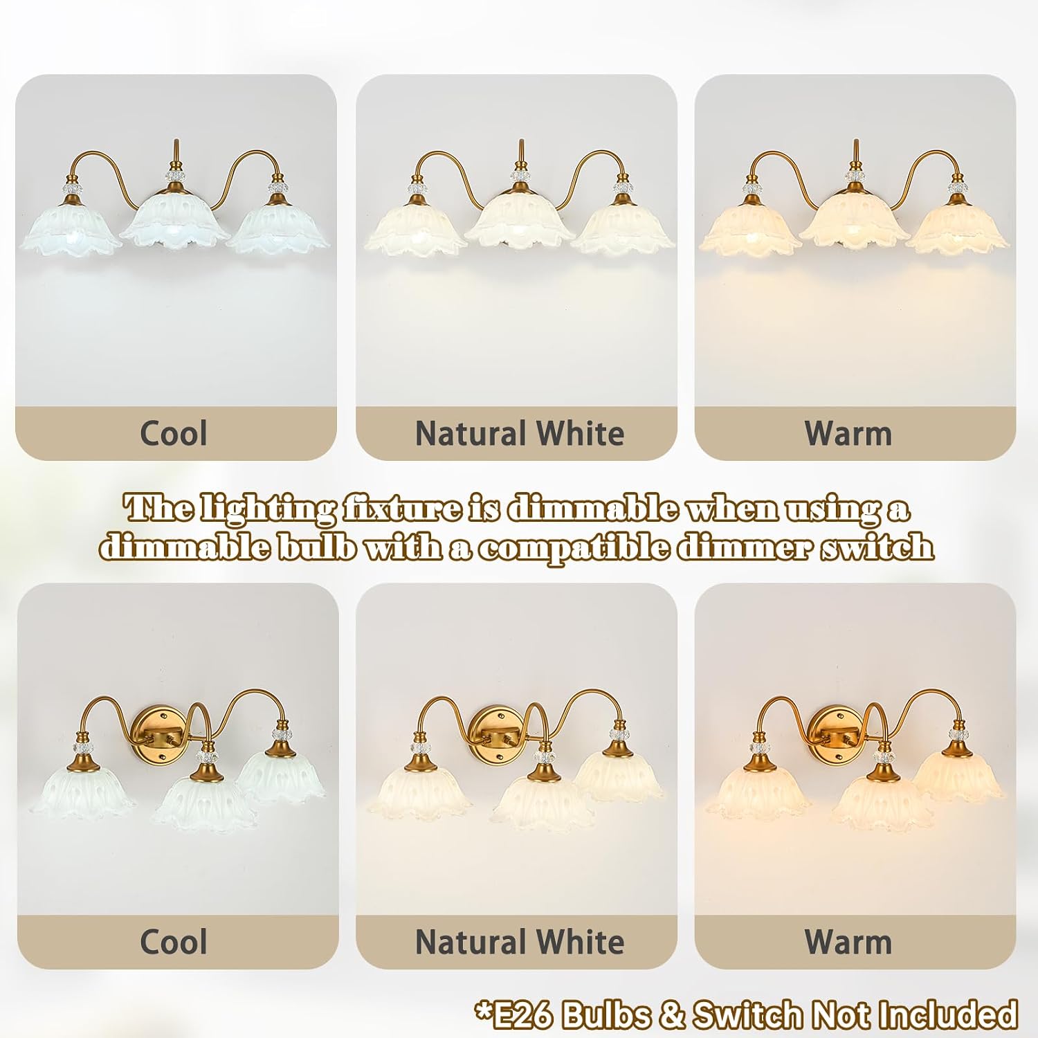 Vintage Bathroom Vanity Light, 3-Light Matte Brass Finish Vanity Light with Floral White Glass Shades, Retro Wall Sconce for Bathroom, Dressing Table