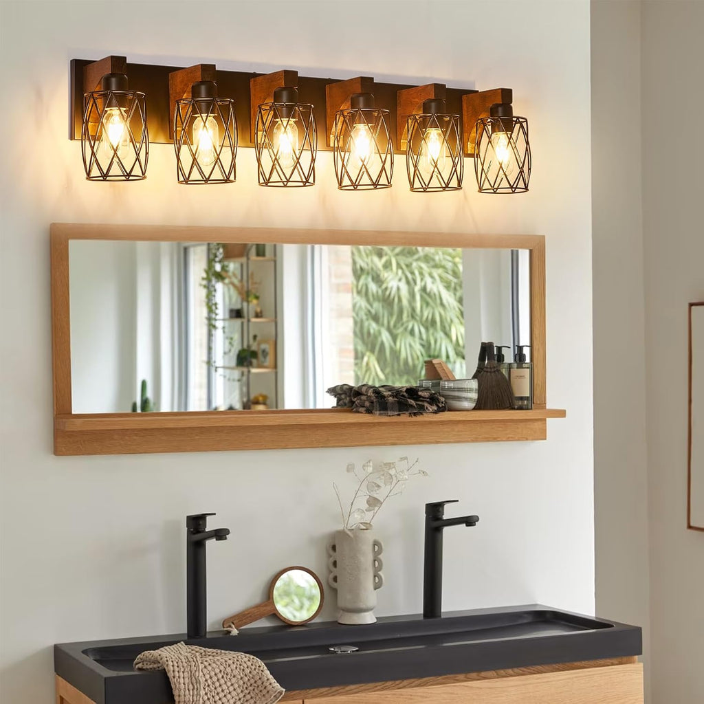 6-Light Farmhouse Vanity Light Fixtures Over Mirror, Black with Cage Metal Shade, Vintage Rustic for Bathroom, Hallway