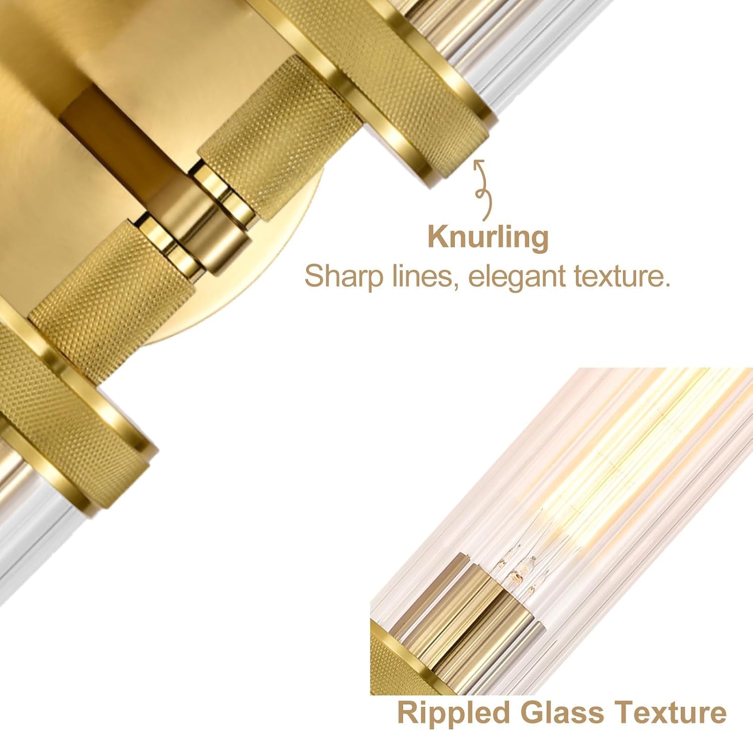 LaLuLa 2-Light Gold Bathroom Vanity Light Fixtures 2-Pack – Hardwired Wall Sconces with Rippled Glass Shades and Textured Metal Frame, Modern Vanity Lighting for Mirror, Bedroom, or Hallway, 25'