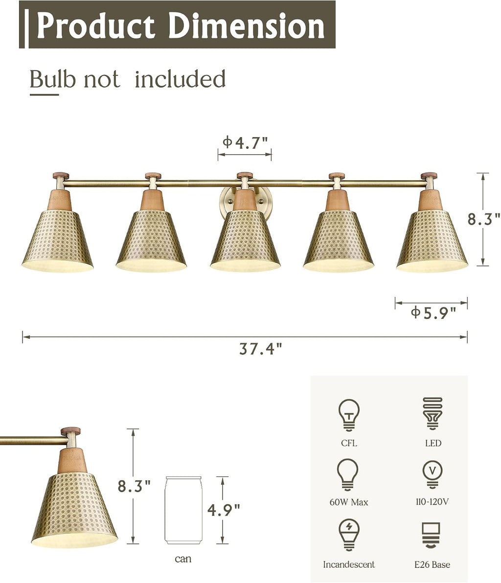 FEMILA Bathroom Light Fixtures, Modern Bathroom Vanity Light with Hammered Metal Shade, Sconces Wall Lighting for Mirror Kitchen Bedroom, Gold, 37'