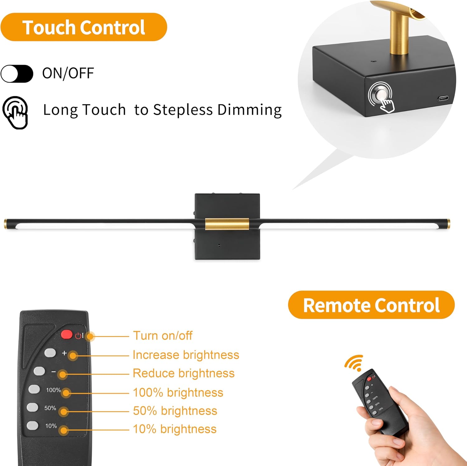 Morauroral 36 Inch Battery Operated Wall Sconces Set of 2, Dimmable Battery Wall Sconce with Remote Control, Black Gold LED Rechargeable Sconces, Modern Wireless Wall Lights for Bedroom, Living Room