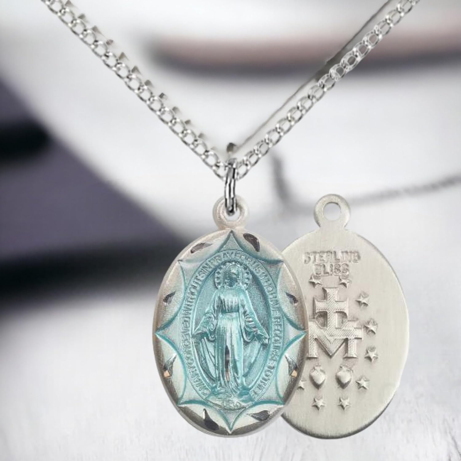 Heartland Store Women's Oval Blue Enamel Miraculous Medal Necklace - 18' Sterling Silver Chain - Elegant Religious Jewelry for Faith and Devotion - USA Made
